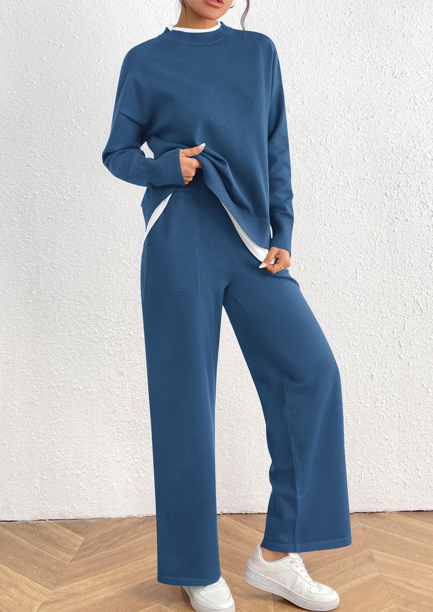 Two Piece Matching Sweater Lounge Sets Knit Long Sleeve Pullover Tops Wide Leg Pants