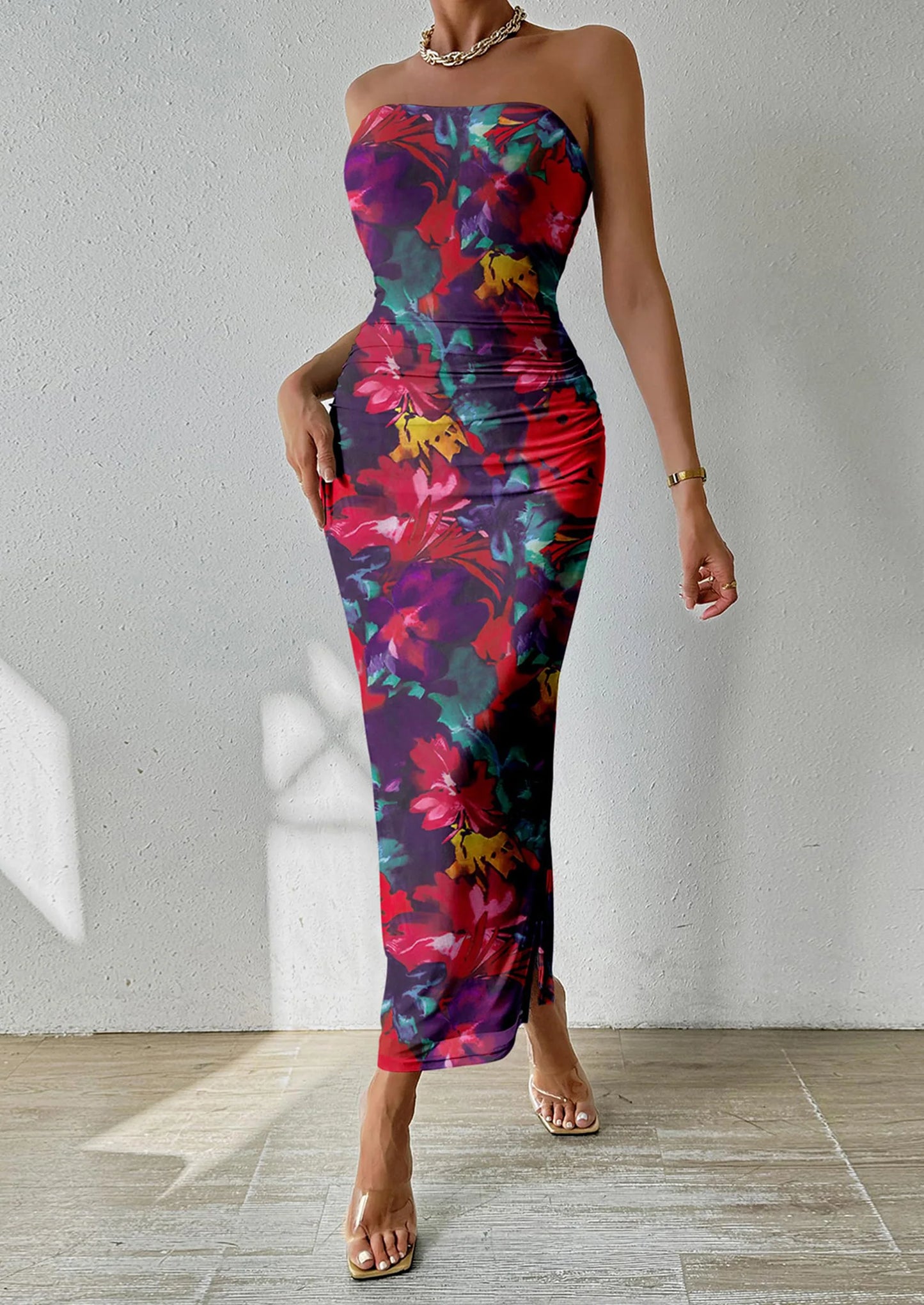 Women's Maxi Bodycon Dresses Strapless Tube Top Slit Floral Printed Party Club Long Dress