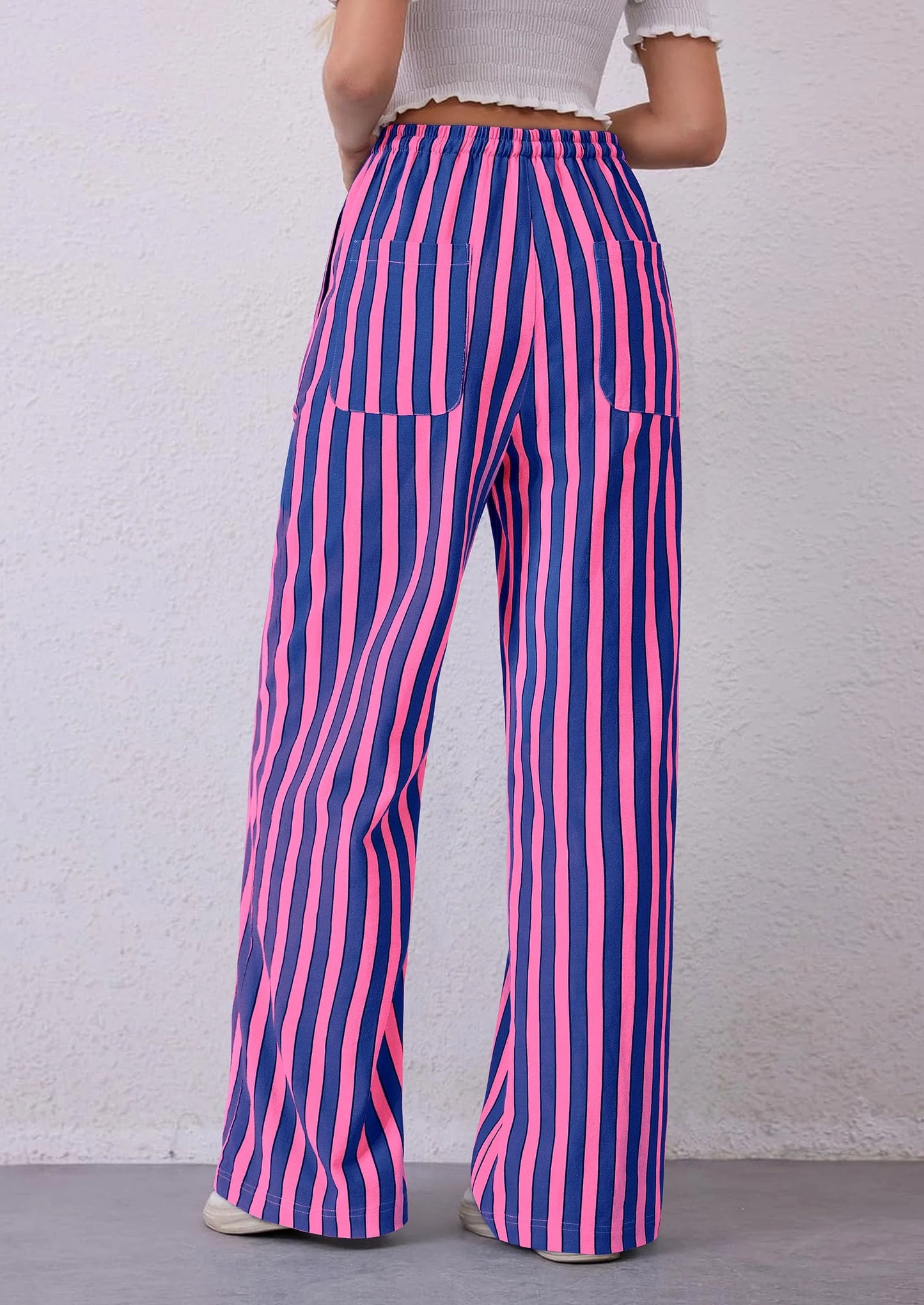 Women's Summer Striped Wide Leg Lounge Pants Trendy Clothes Drawstring Elastic Waist Comfy Pajama Bottoms