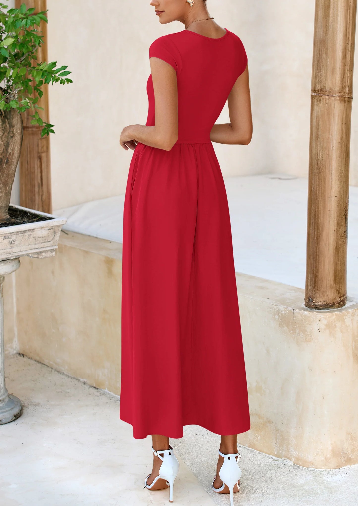 Women's Casual Long Dresses Cap Sleeve Patchwork A Line Flowy Modest Elegant Homecoming Maxi Dress