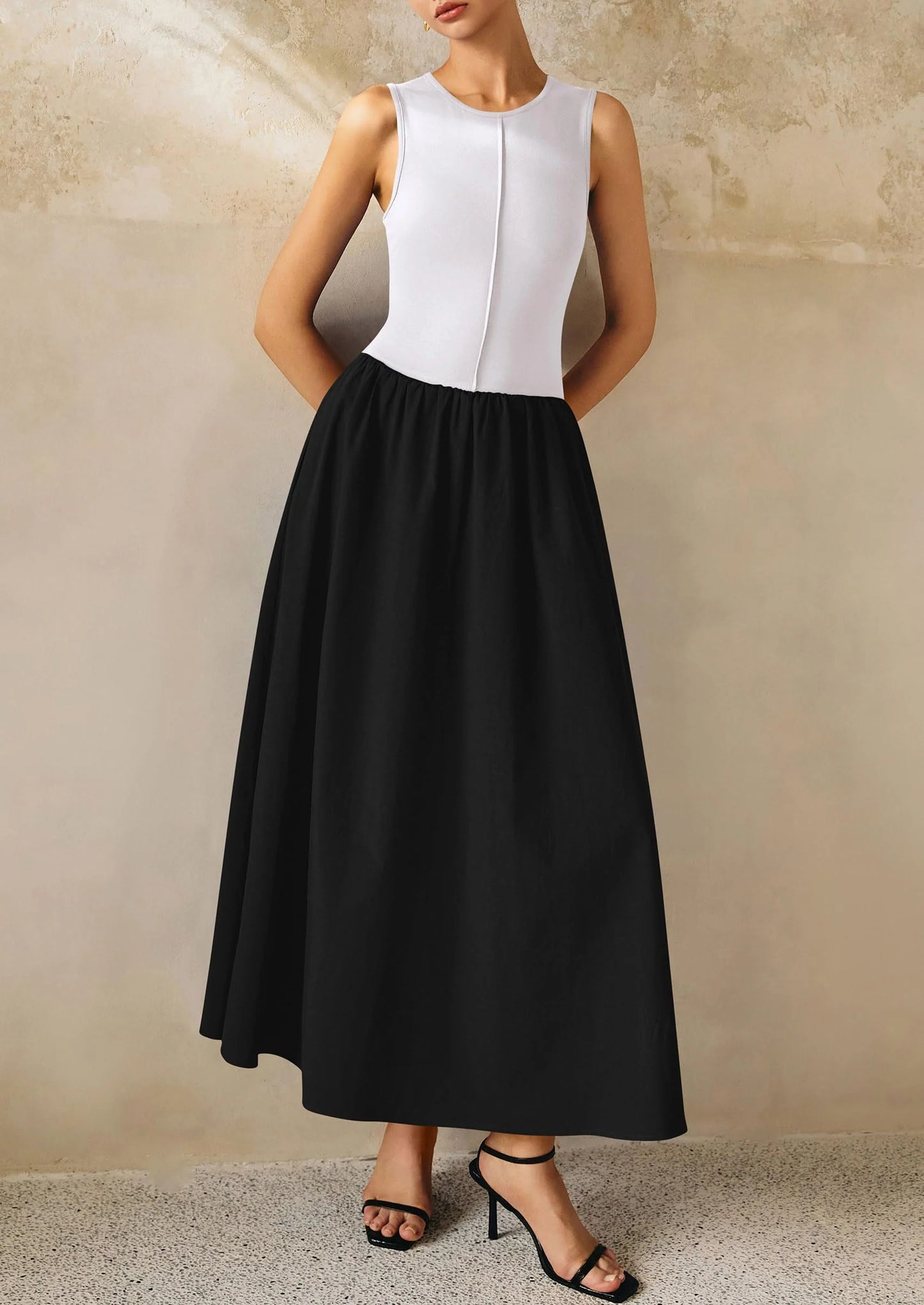 Women Maxi Dresses Casual Sleeveless Patchwork Knit Tank Dress Flowy Beach Sundress Long Dress