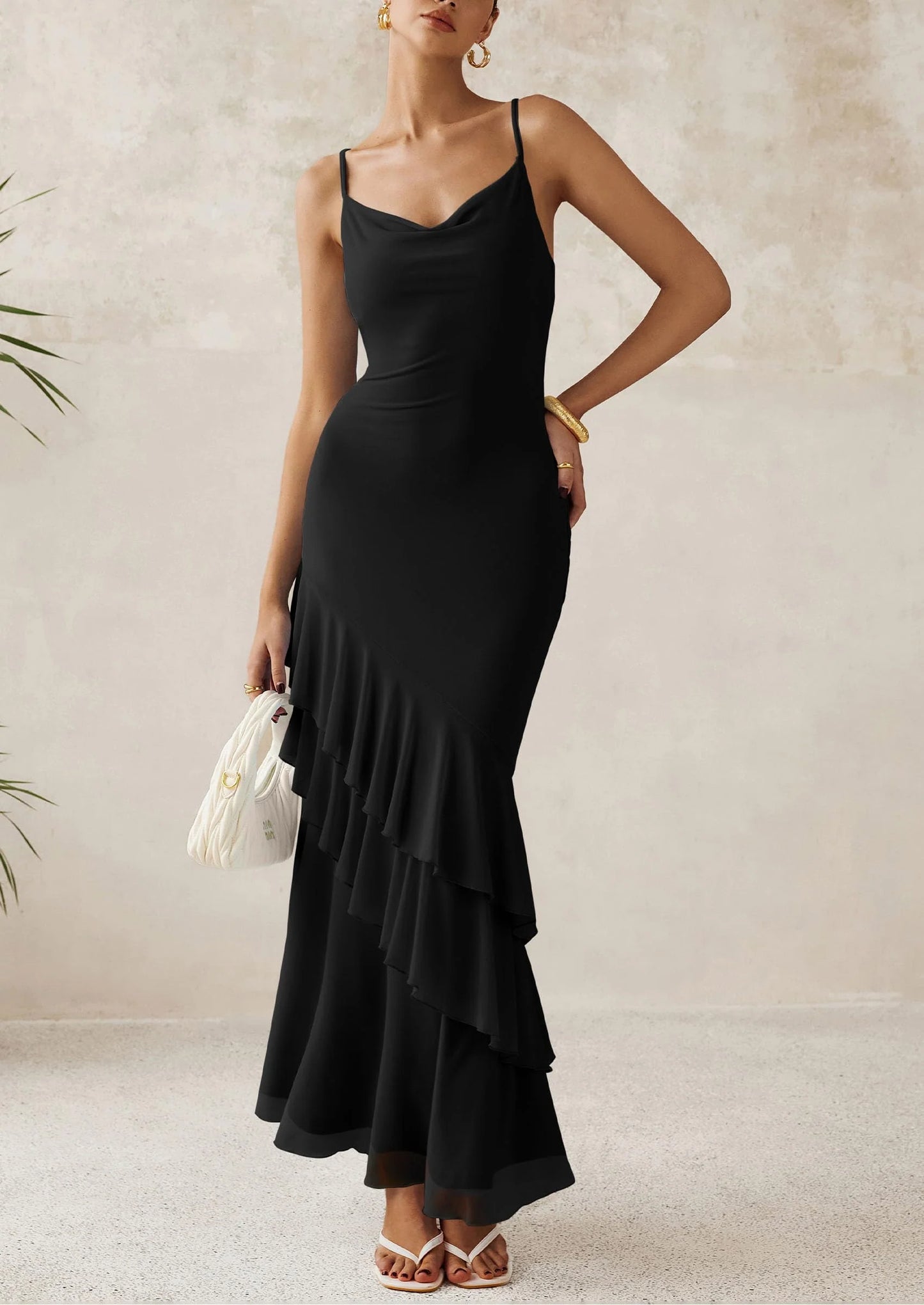 Maxi Dresses for Women Floral Beach Sundress Spaghetti Strap Tiered Wedding Guest Long Dress