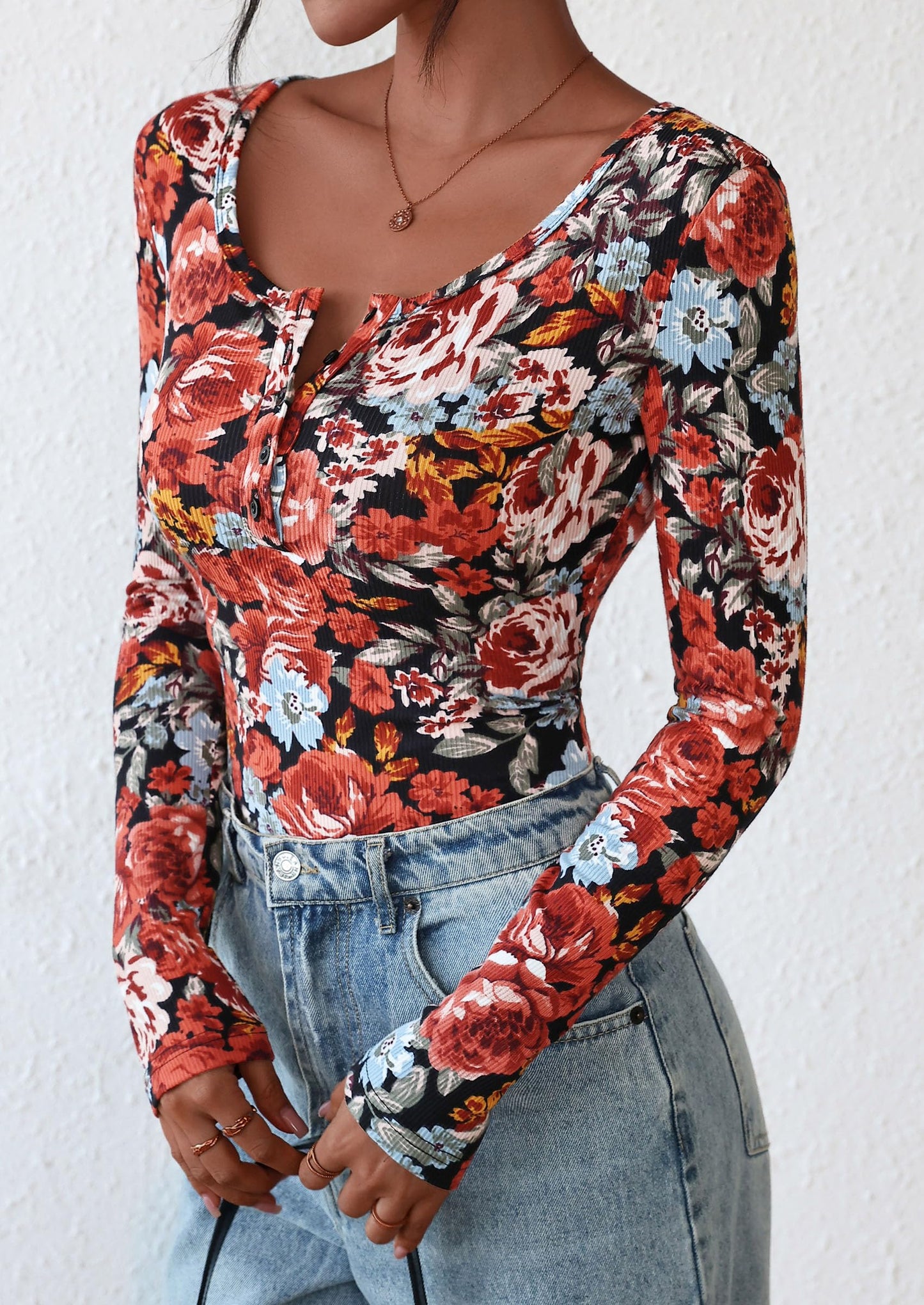 Women's Fall Long Sleeve Henley T Shirts Button Ribbed Knit Slim Fit Basic Tops Blouse Casual Outfits