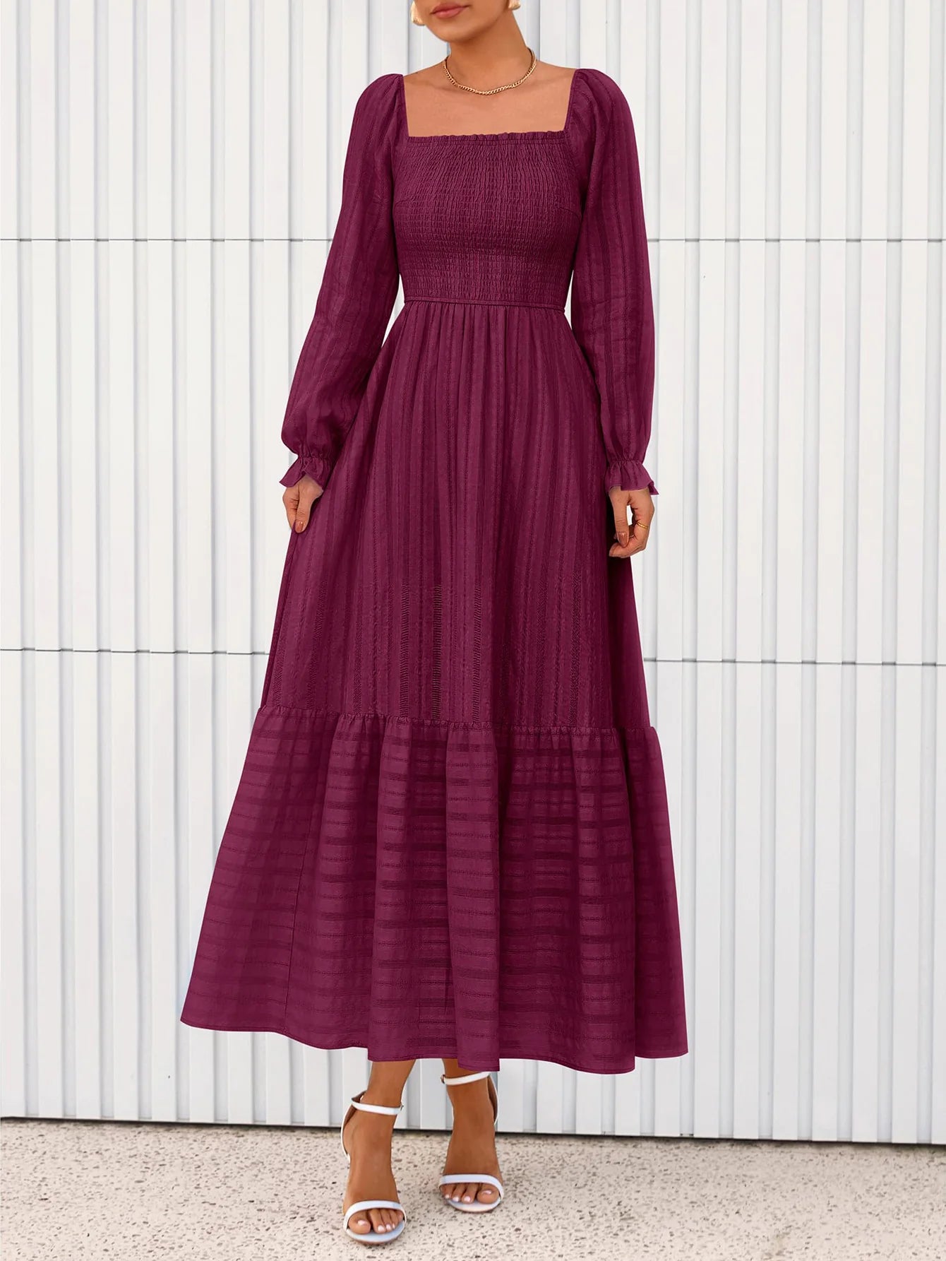 BTFBM Women Maxi Fall Dresses Long Sleeve Solid Color Square Neck Smocked Boho Long Wedding Guest Dress