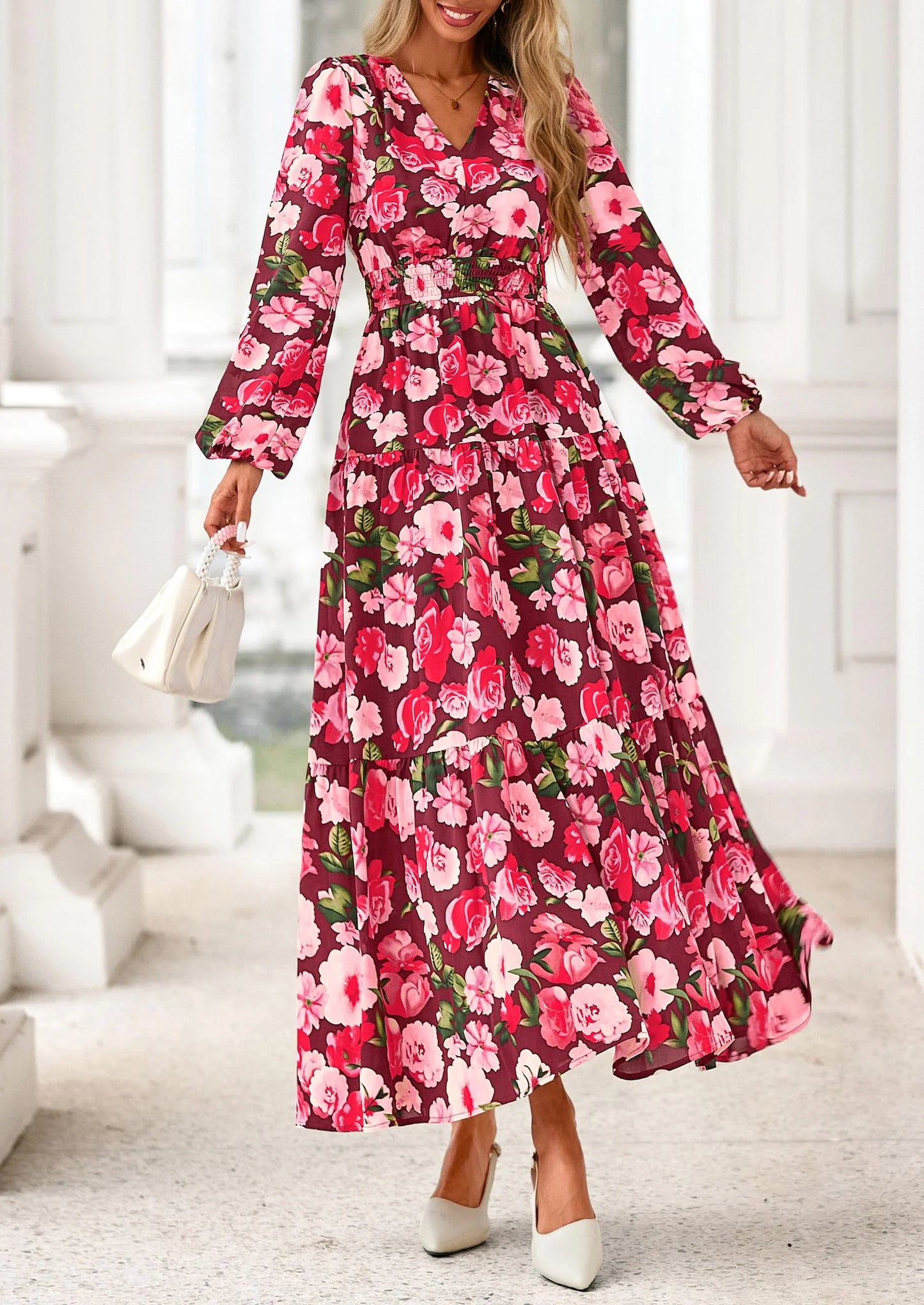 Long Sleeve Maxi Fall Dresses for Women Vneck Smocked Boho Floral Tiered Swing Flowy Wedding Guest Dress
