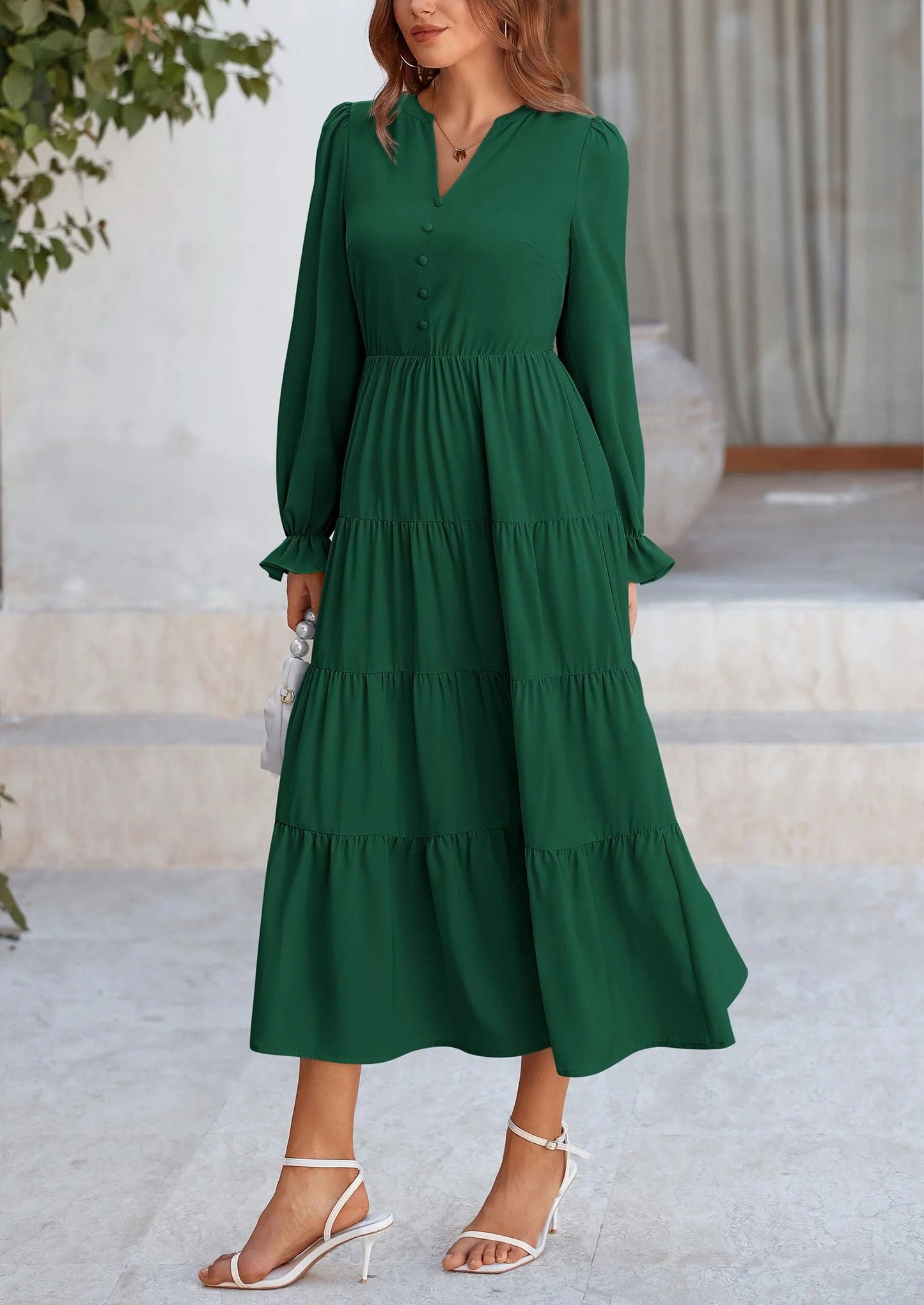 Women Fall Long Sleeve Smocked Maxi Dress Casual Square Neck Swiss Dot Tiered Ruffle Flowy Spring Pocket Dresses
