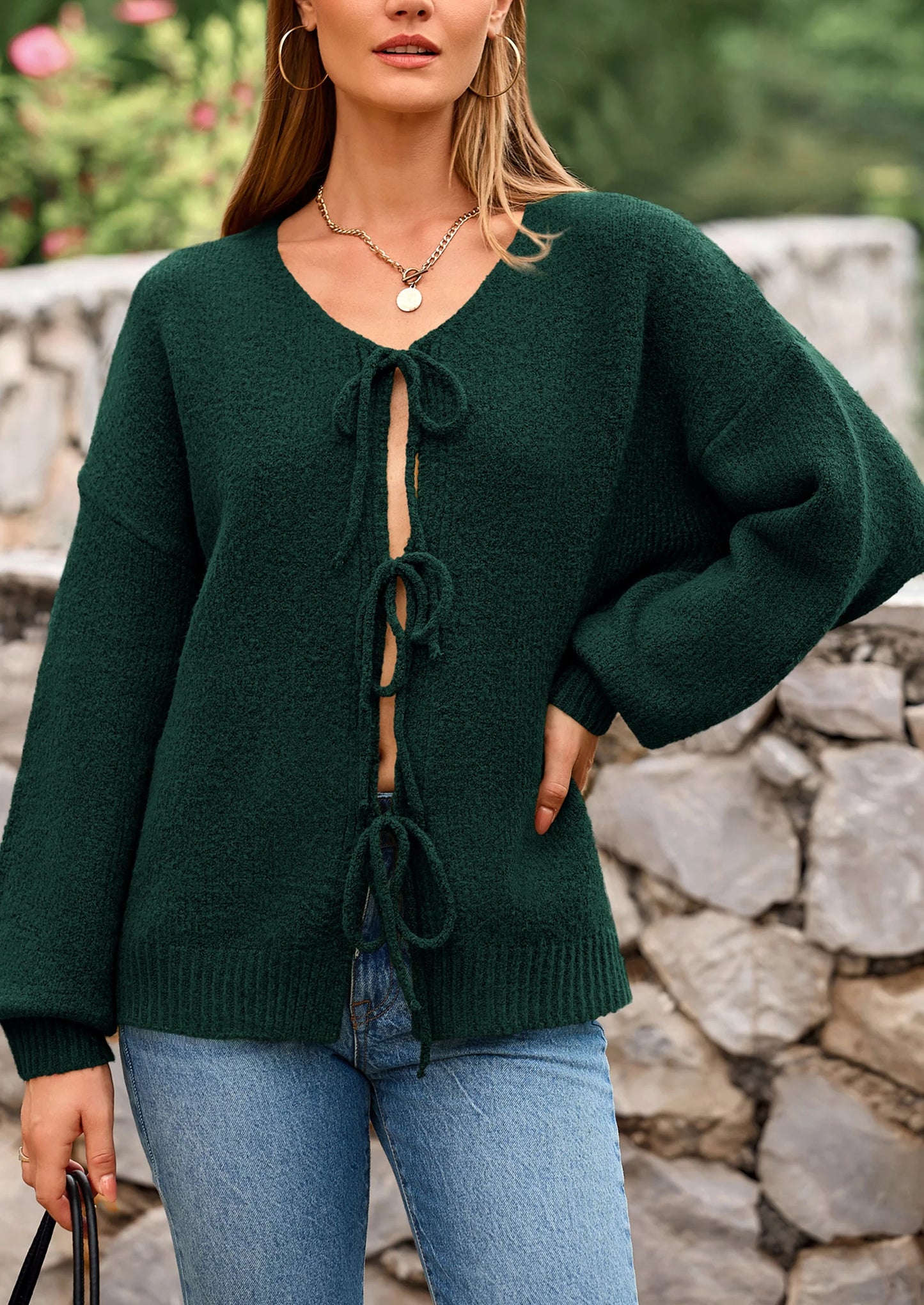 Women's Tie Front Bow Cardigan Sweaters Chunky Knit Long Puff Sleeve Trendy Fall Winter Jacket Coats