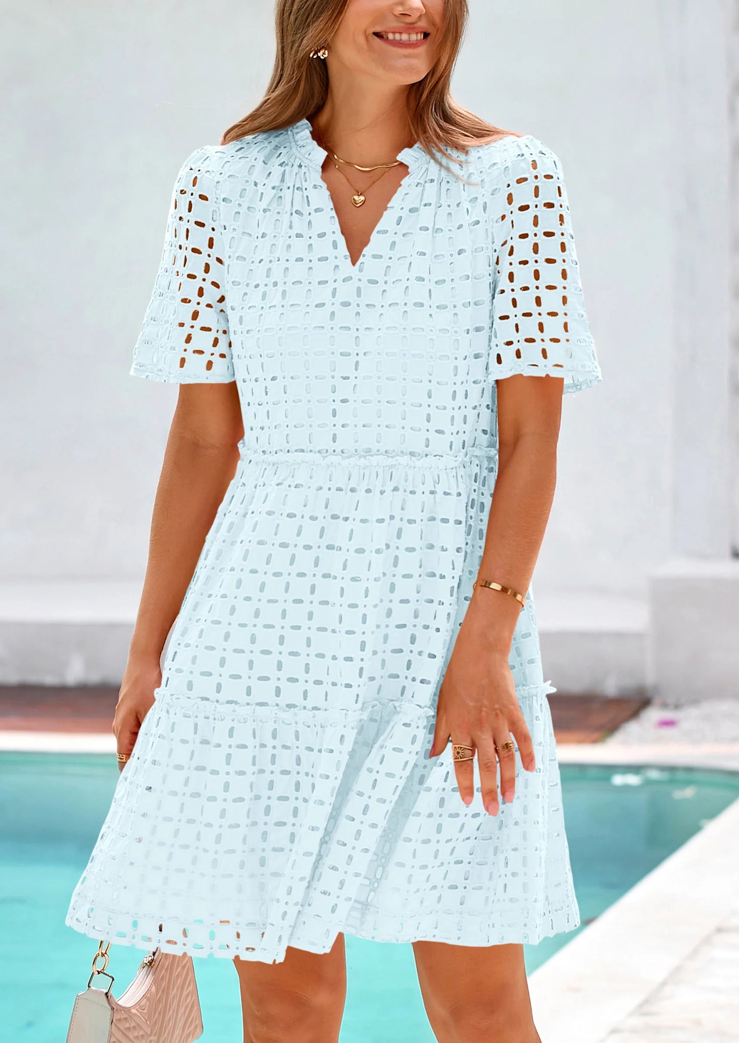 Women's Short Sleeve Mini Dress Summer V Neck Hollow Out Eyelet Ruffle A Line Swing Short Dresses