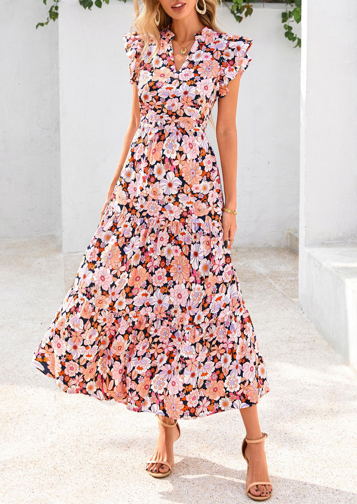 Women's Summer Floral Midi Dress Cap Sleeve V Neck Ruffle Long Flowy Boho Casual Beach Vacation Dresses