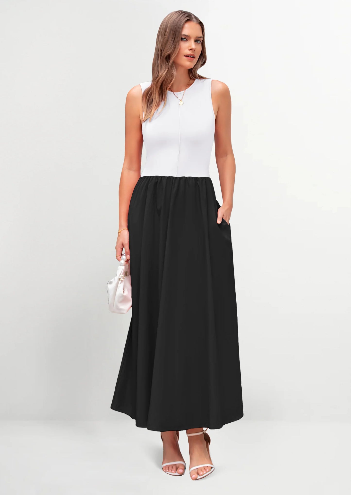 Women Maxi Dresses Casual Sleeveless Patchwork Knit Tank Dress Flowy Beach Sundress Long Dress