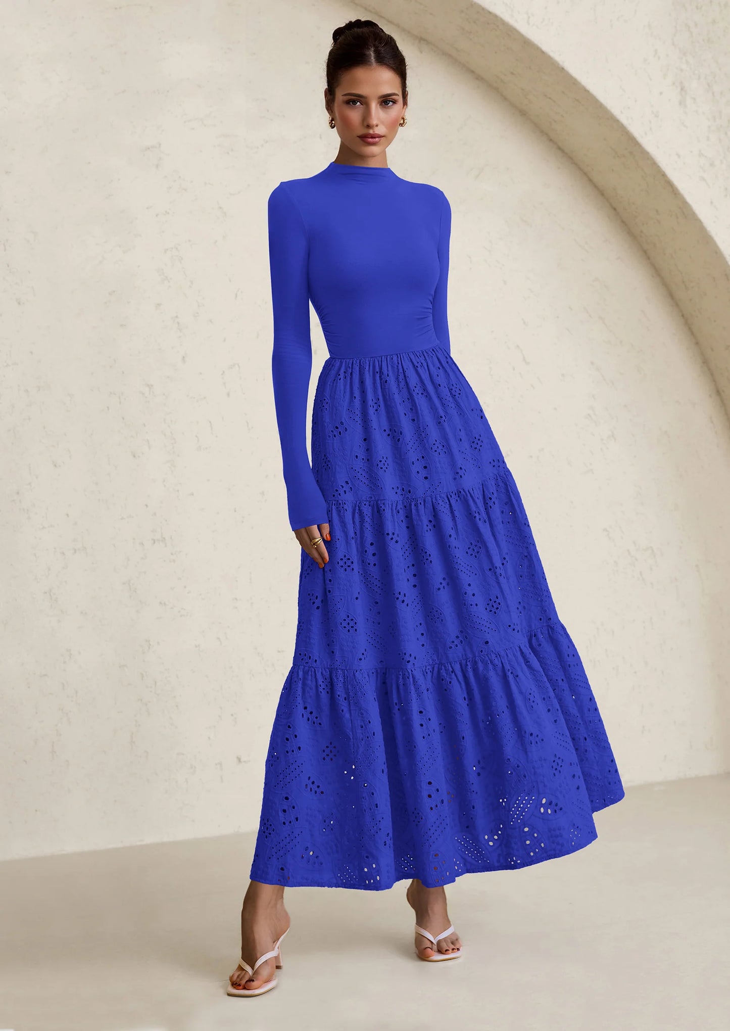 Long Sleeve Dress for Women Fall Eyelet Mock Neck A Line Elegant Classy Maxi Wedding Guest Dresses Pockets