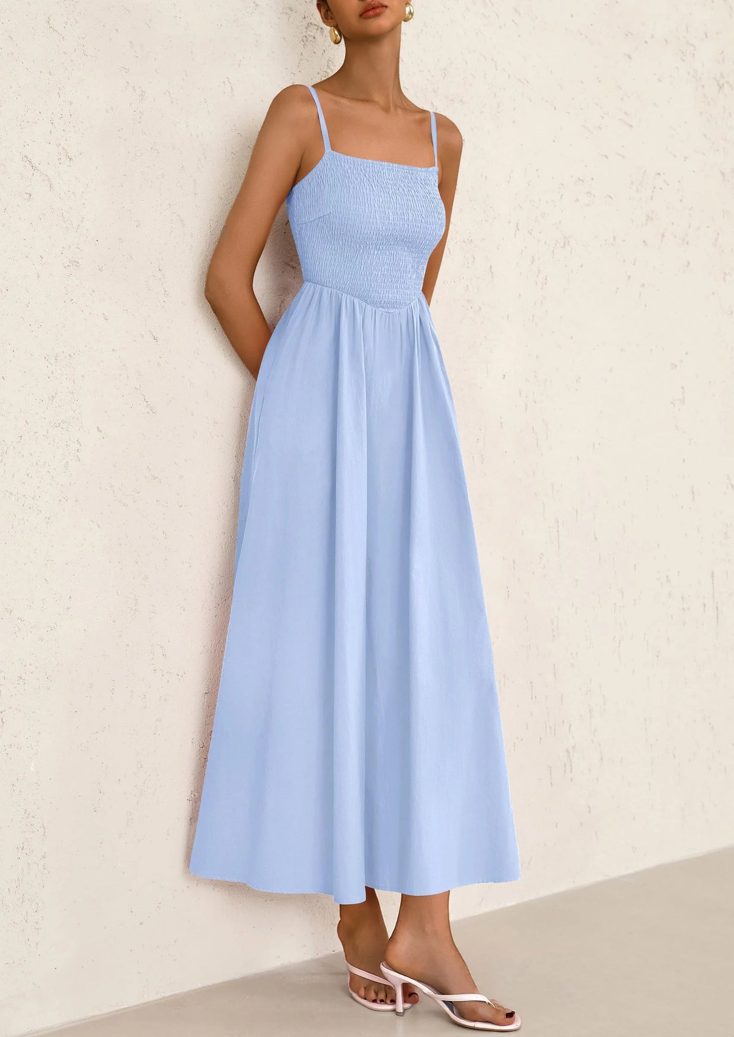 Women's Smocked Maxi Dresses Beach Sundress Casual Spaghetti Strap Swing A Line Long Flowy Dress