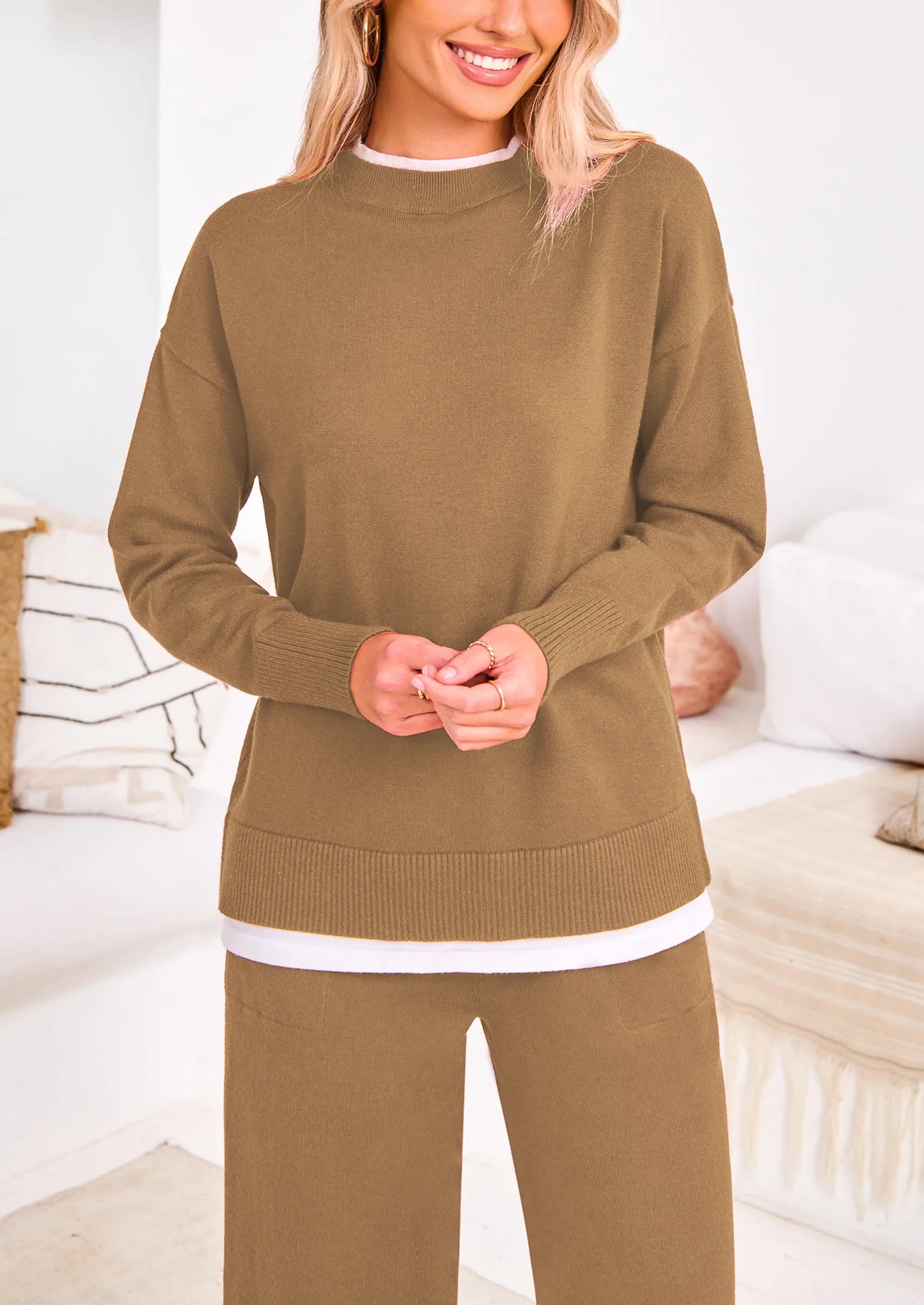 Two Piece Matching Sweater Lounge Sets Knit Long Sleeve Pullover Tops Wide Leg Pants
