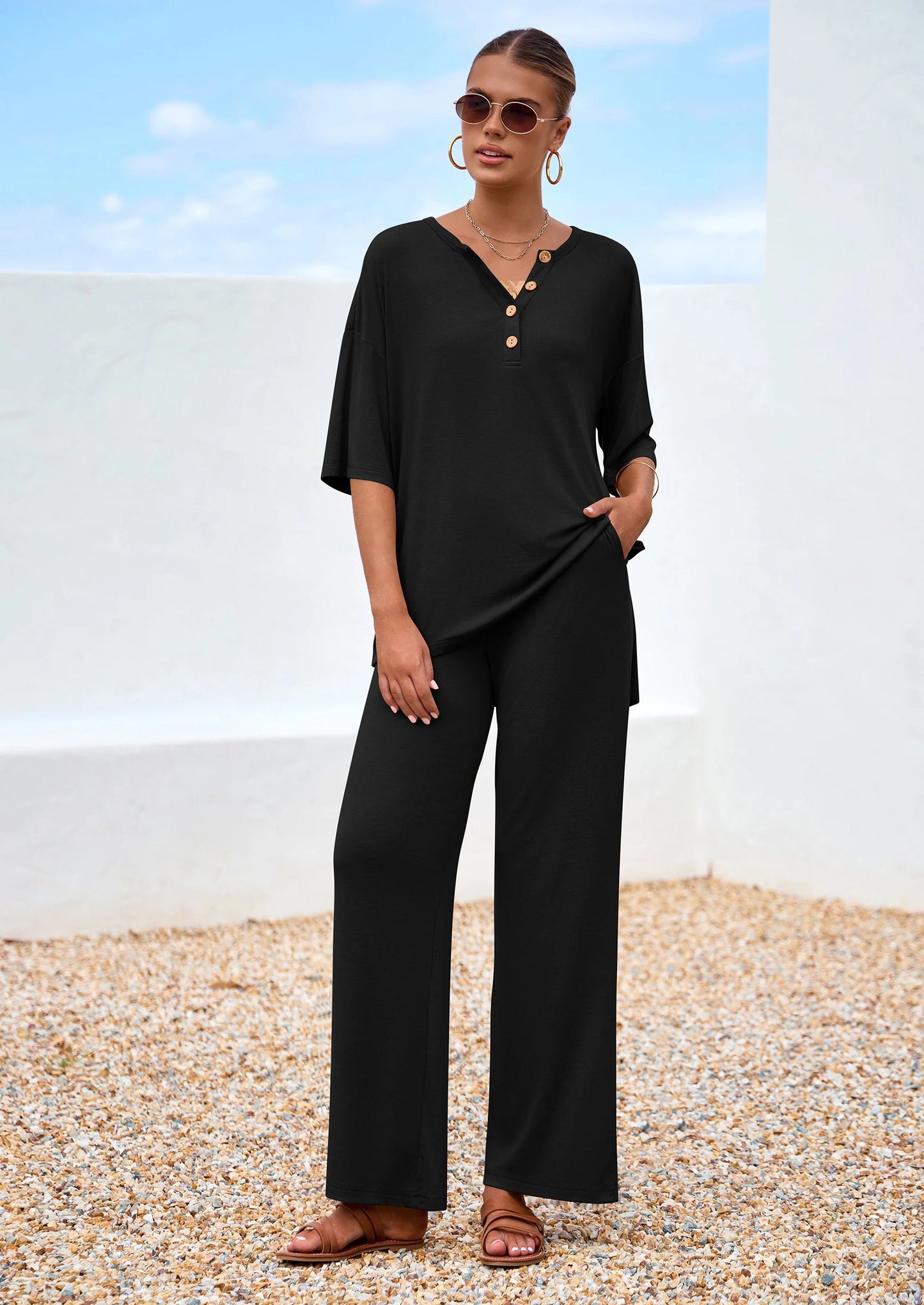 Women's 2 Piece Outfits Summer Casual V Neck Short Sleeve Tops Wide Leg Pants Matching Lounge Sets