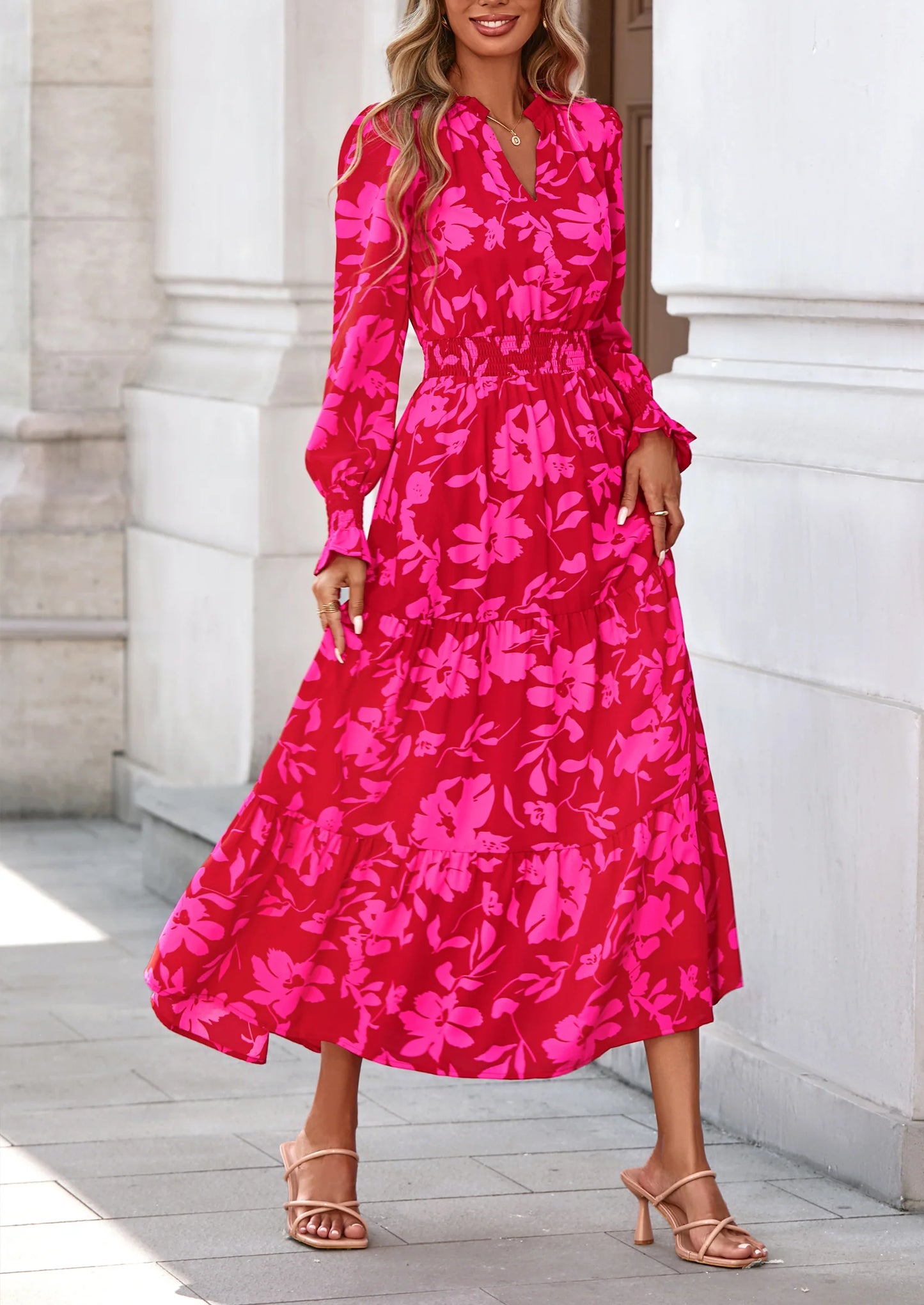 Women's Floral Maxi Dress Spring Long Sleeve V Neck Casual A Line Long Flowy Boho Party Dresses