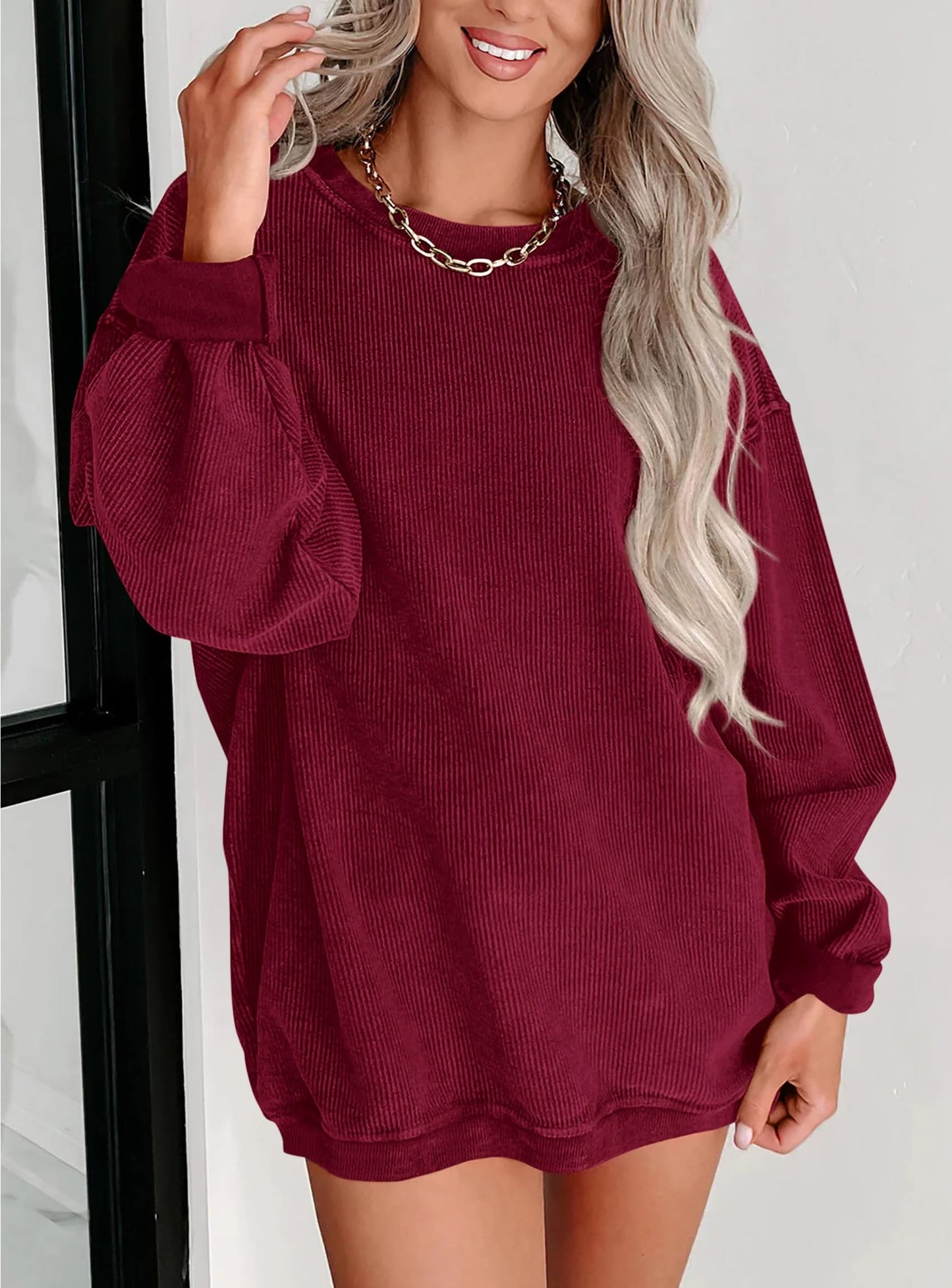 Women's Oversized Sweatshirt 2025 Fall Fashion Clothes Ribbed Corduroy Long Sleeve Going Out Pullover Tops