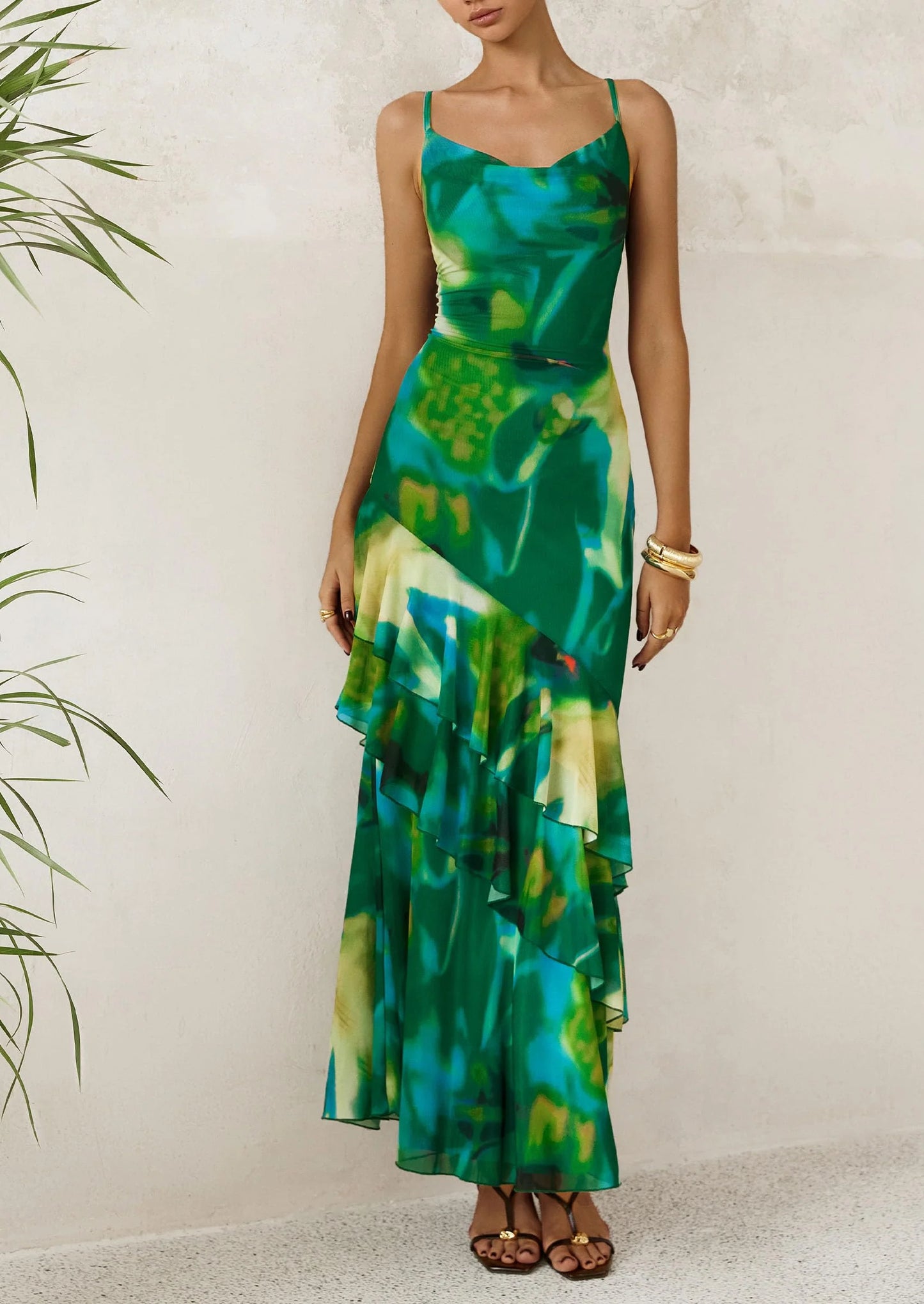 Maxi Dresses for Women Floral Beach Sundress Spaghetti Strap Tiered Wedding Guest Long Dress