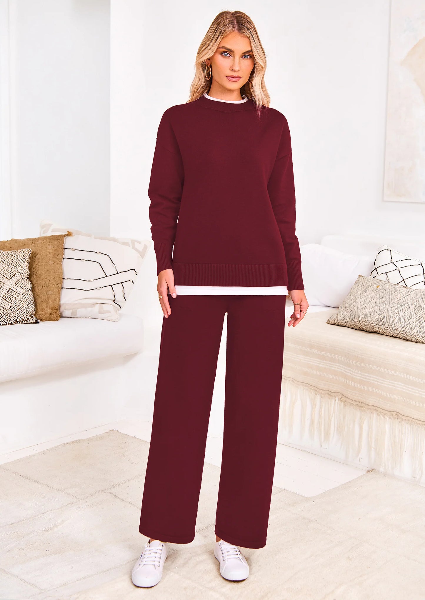 Two Piece Matching Sweater Lounge Sets Knit Long Sleeve Pullover Tops Wide Leg Pants