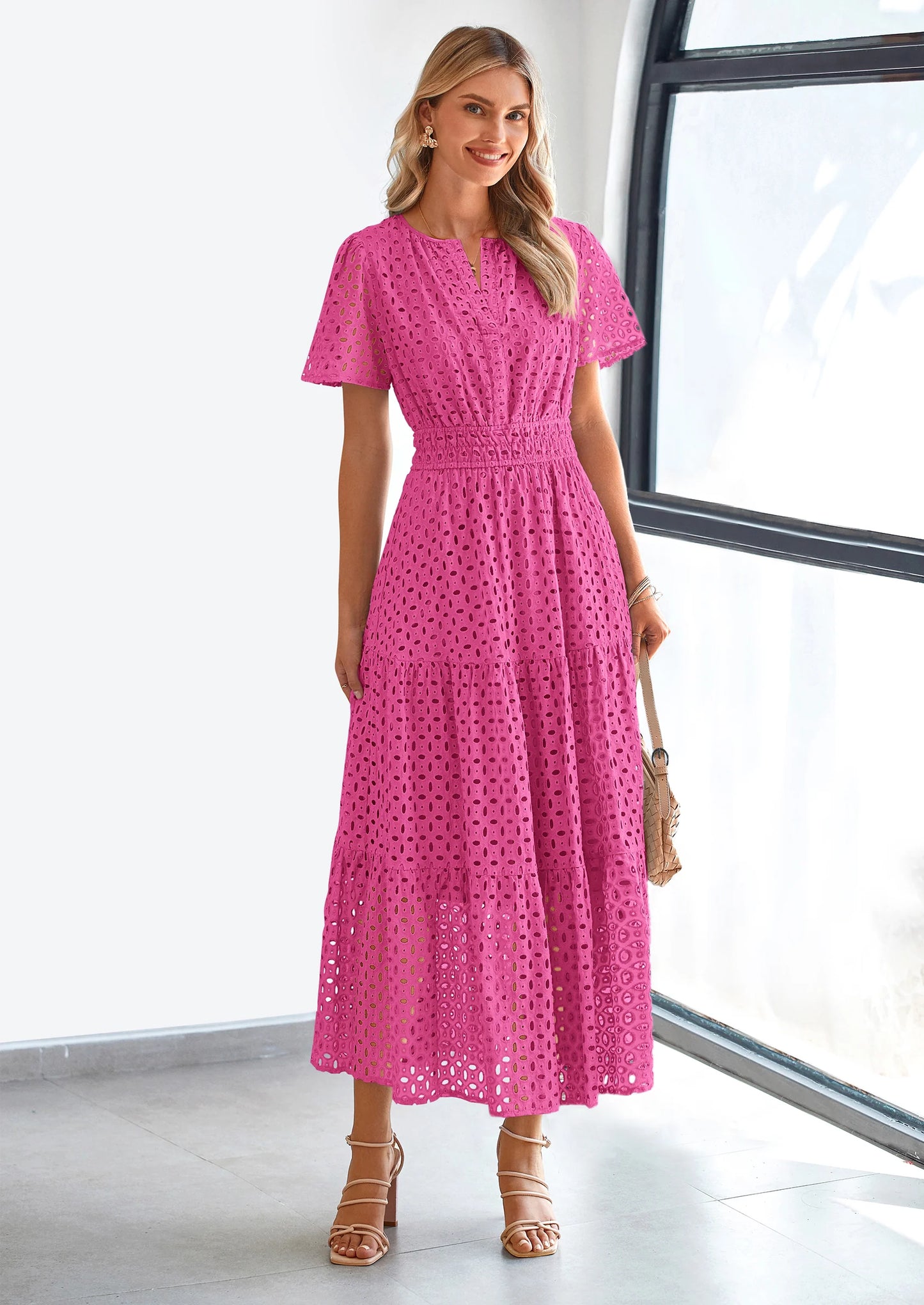 Womens Maxi Dress Short Sleeve V Neck Hollow Out Eyelet A Line Long Flowy Beach Vacation Dresses