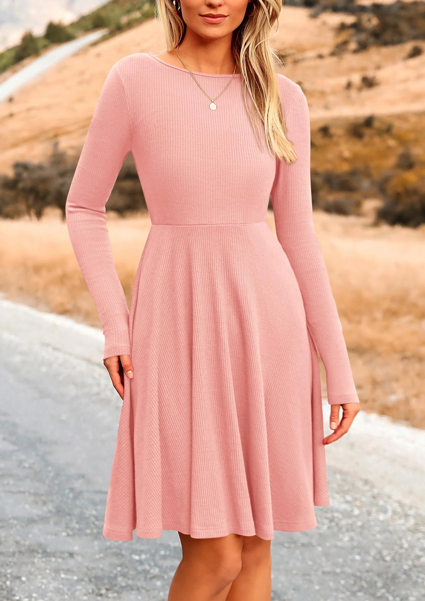Women's Spring Fall Short Dress Ribbed Knit Crewneck Long Sleeve A Line Flowy Casual Elegant Going Out Dresses