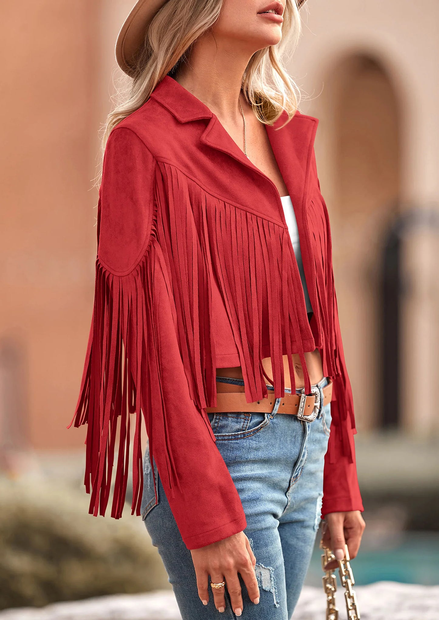 Women's Fringe Faux Suede Leather Jackets Fashion Tassel Motorcycle Cropped Coats