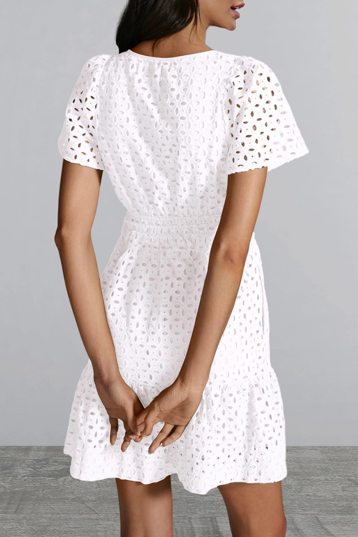 Women Summer Short Dress V Neck Short Sleeve A Line Hollow Out Lace Ruffle Cute Casual Beach Party Dresses