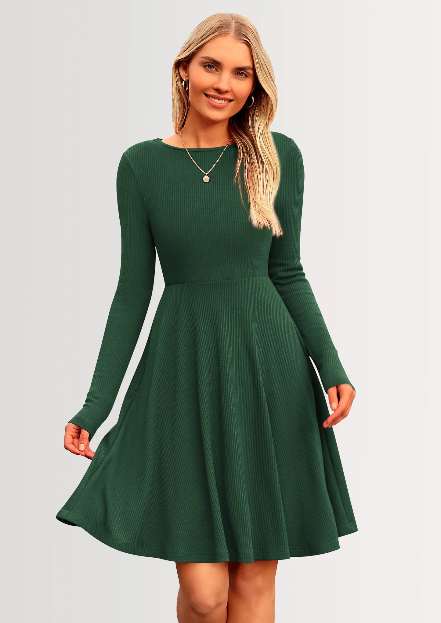 Women's Spring Fall Short Dress Ribbed Knit Crewneck Long Sleeve A Line Flowy Casual Elegant Going Out Dresses