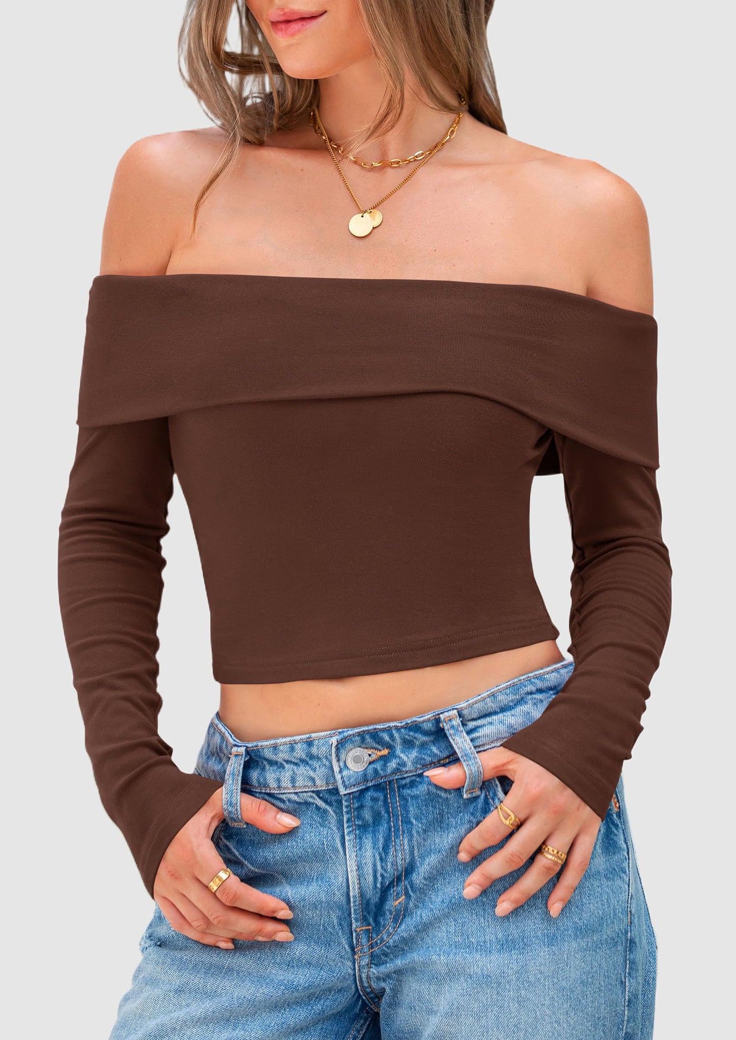 Off The Shoulder Tops for Women Long Sleeve Shirts Trendy Going Out Crop Top Spring Fashion Clothes