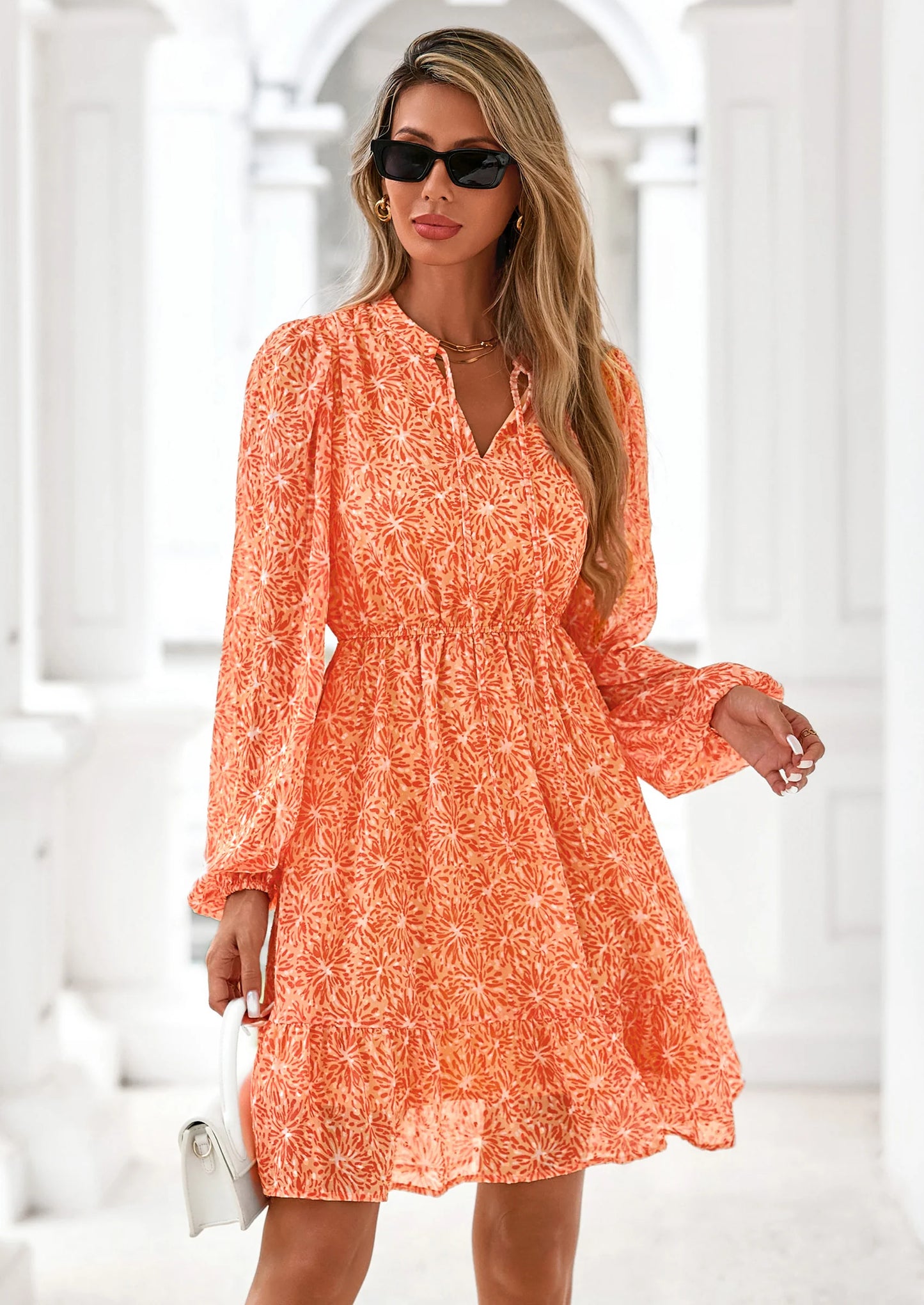 Women's Fall Boho Dresses Floral Long Sleeve V Neck Mini Flowy Wedding Guest Dress Trendy Vacation Outfits