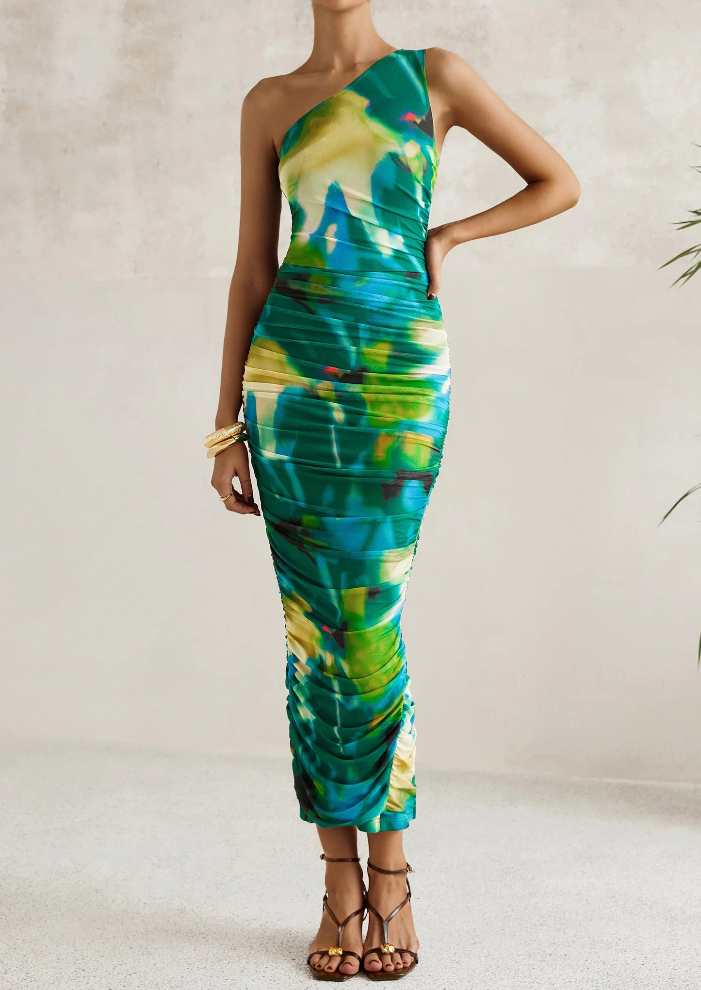 Women's One Shoulder Bodycon Dresses Ruched Floral Beach Cocktail Wedding Guest Dress