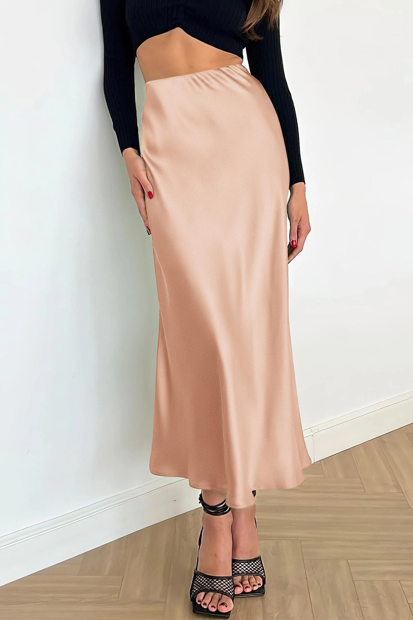 Women's Satin Skirts Dressy Casual Fall High Waisted Cocktail Wedding Flowy Elegant A Line Midi Skirt