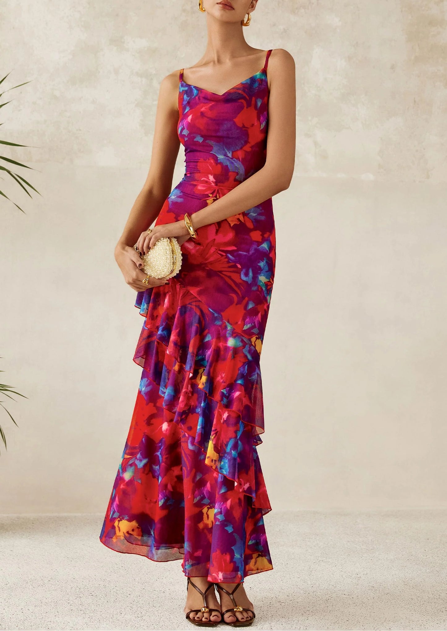 Maxi Dresses for Women Floral Beach Sundress Spaghetti Strap Tiered Wedding Guest Long Dress