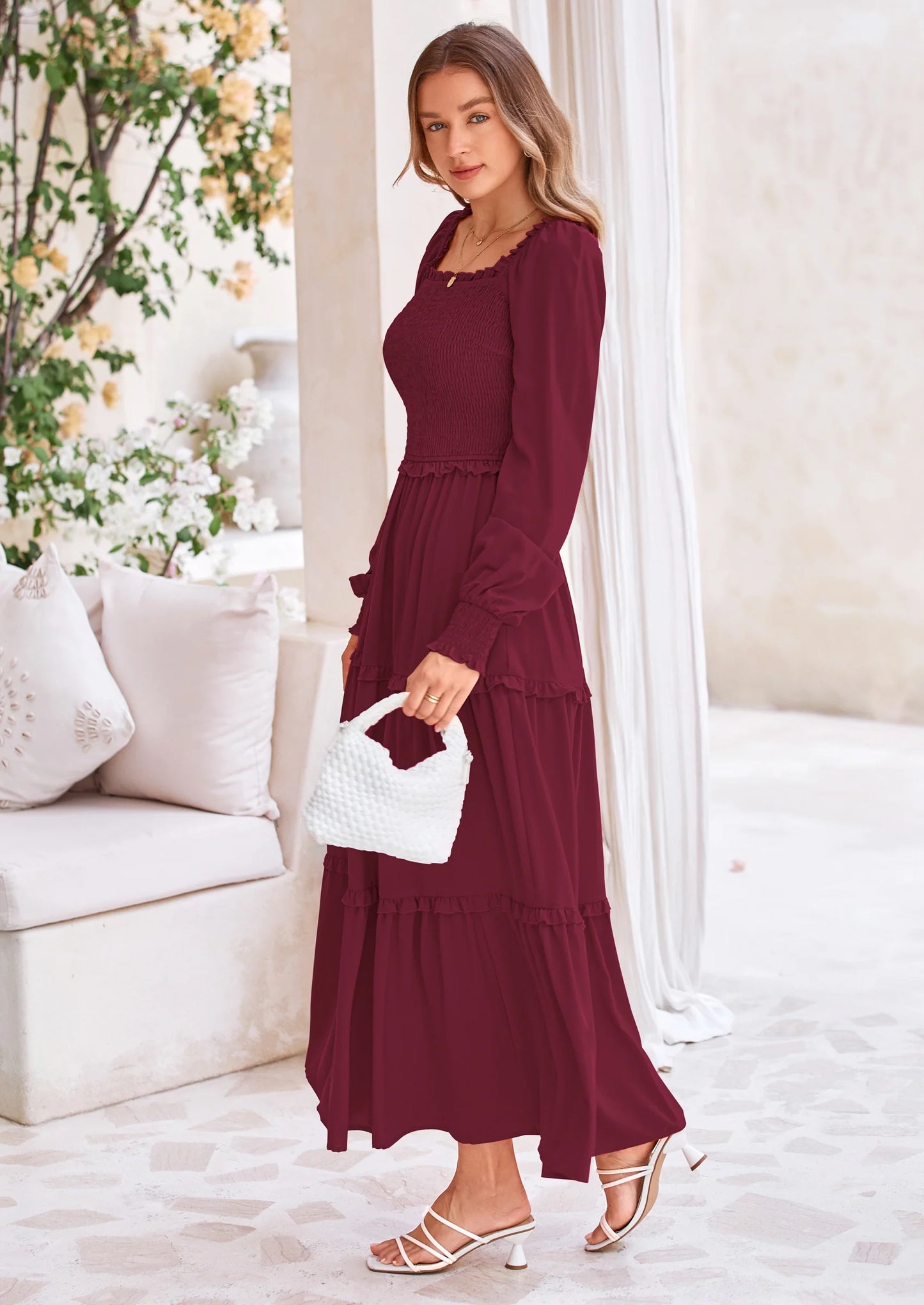 Fall Wedding Guest Dresses for Women Long Sleeve Square Neck Tiered A Line Modest Elegant Flowy Dresses