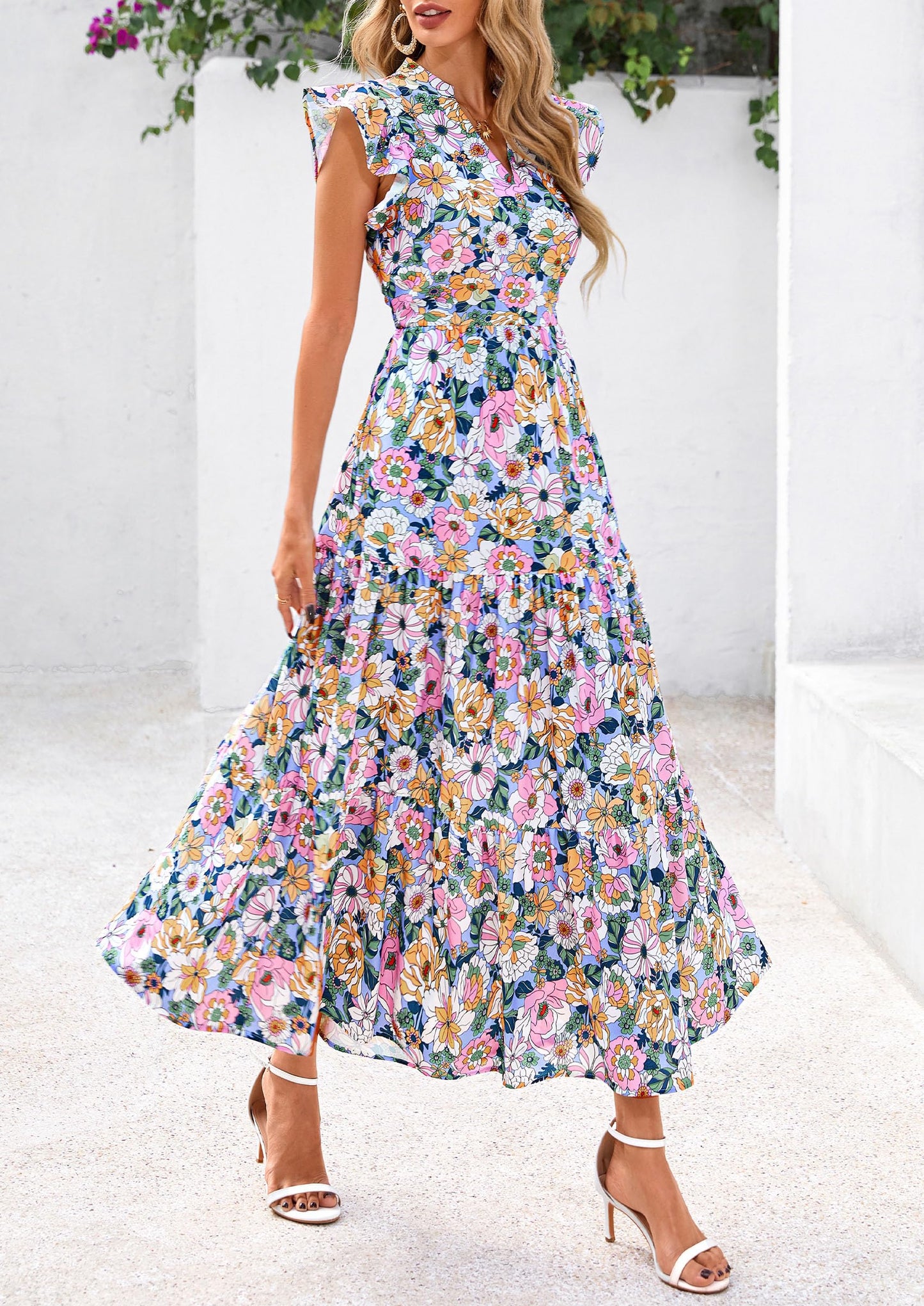 Women's Summer Floral Midi Dress Cap Sleeve V Neck Ruffle Long Flowy Boho Casual Beach Vacation Dresses