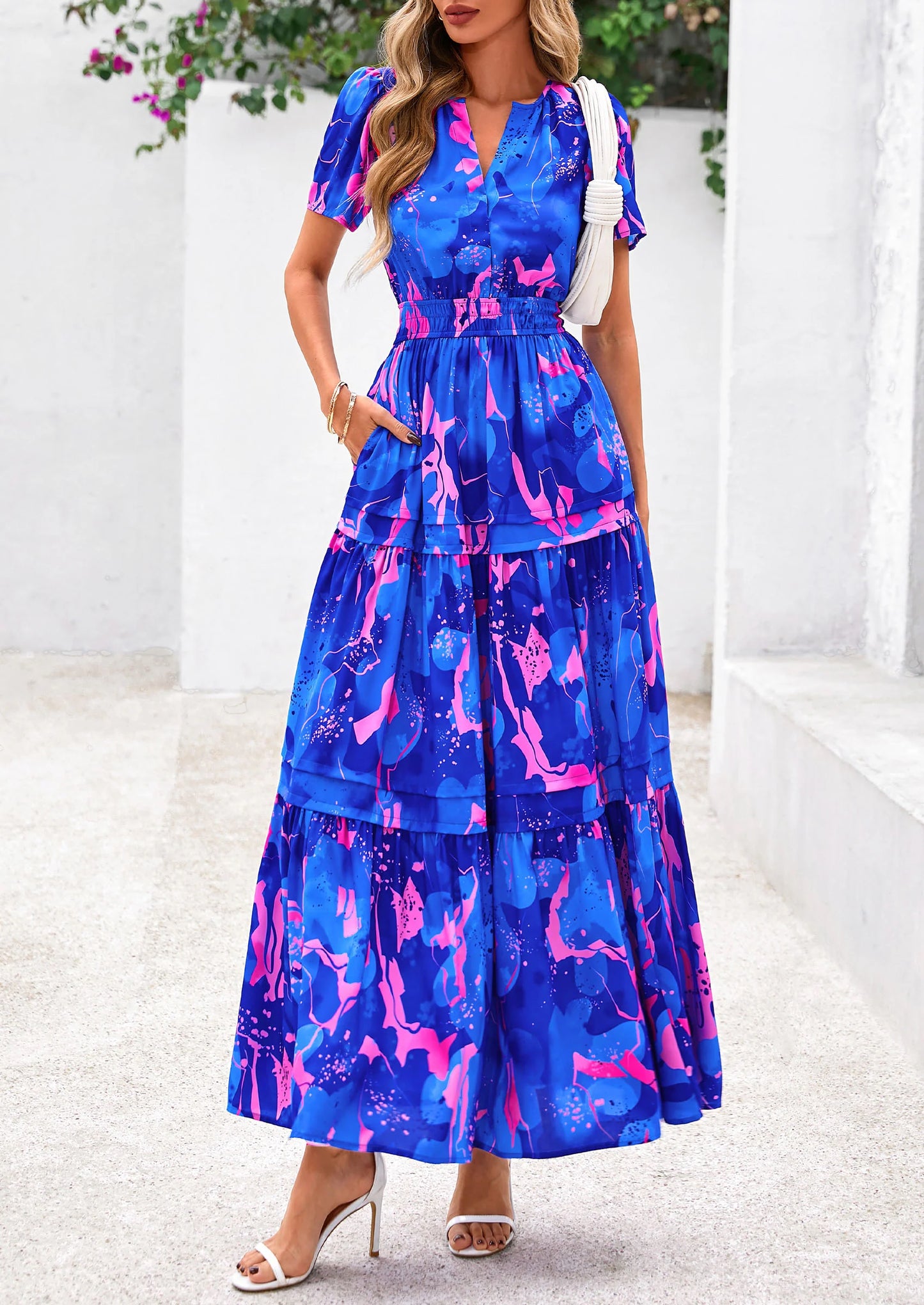 Women's Boho Maxi Dresses Floral Short Sleeve V Neck A Line Tiered Flowy Long Beach Vacation Dress