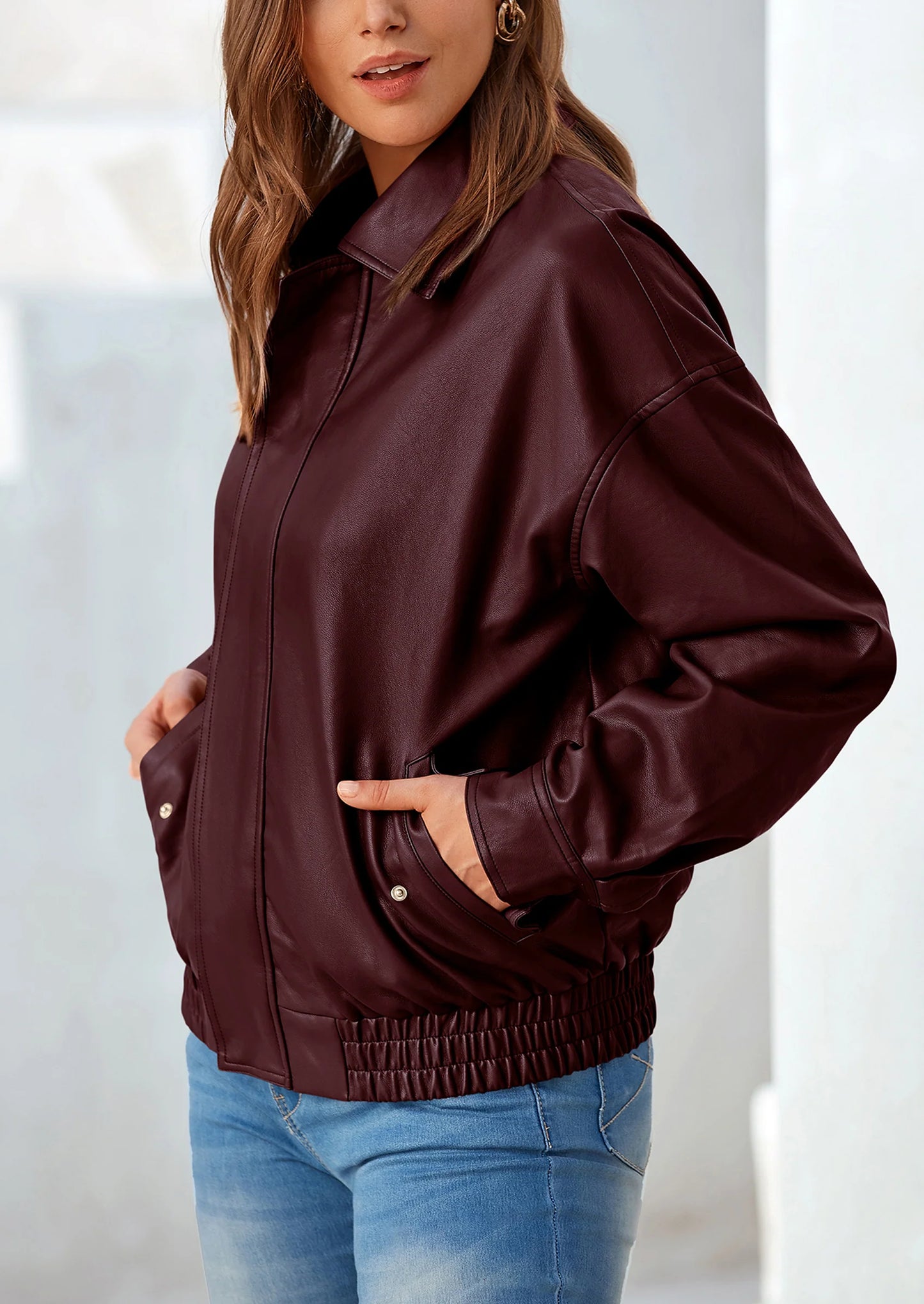 Women's Faux Leather Motorcycle Jacket Trendy Fall Spring Clothes Oversized Zip Up Winter Coat Outerwear