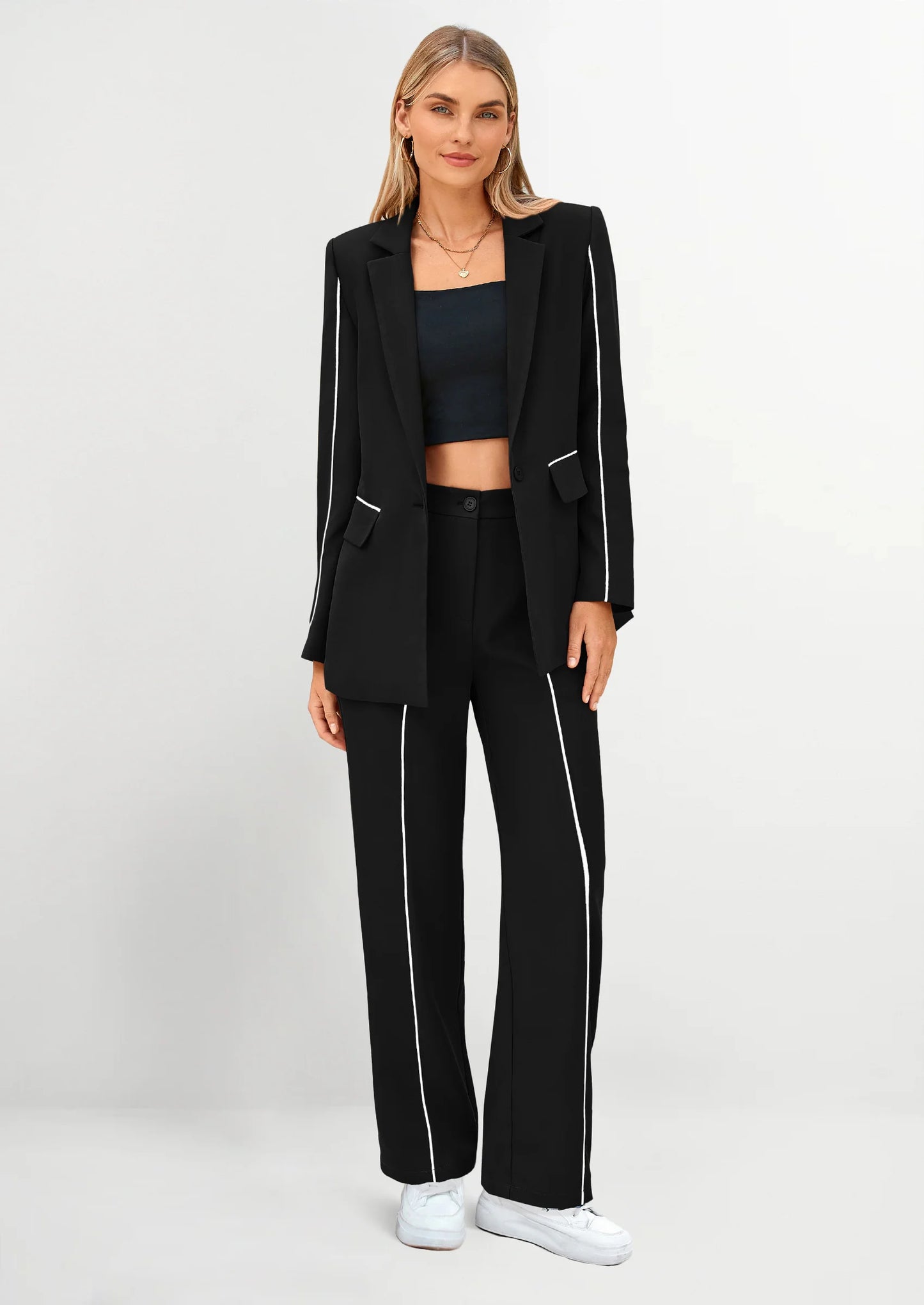 2 Piece Blazer Outfits Business Casual Oversized Jacket Wide Leg Work Pants Dressy Suit Set