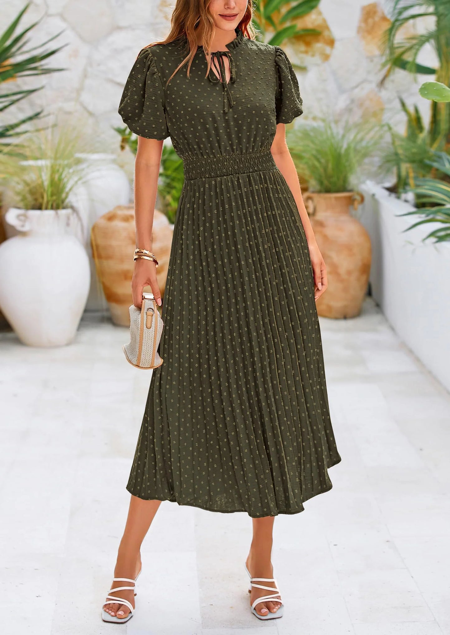 Womens Midi Dresses Puff Short Sleeve V Neck Swiss Dot Pleated A Line Flowy Long Wedding Guest Dress