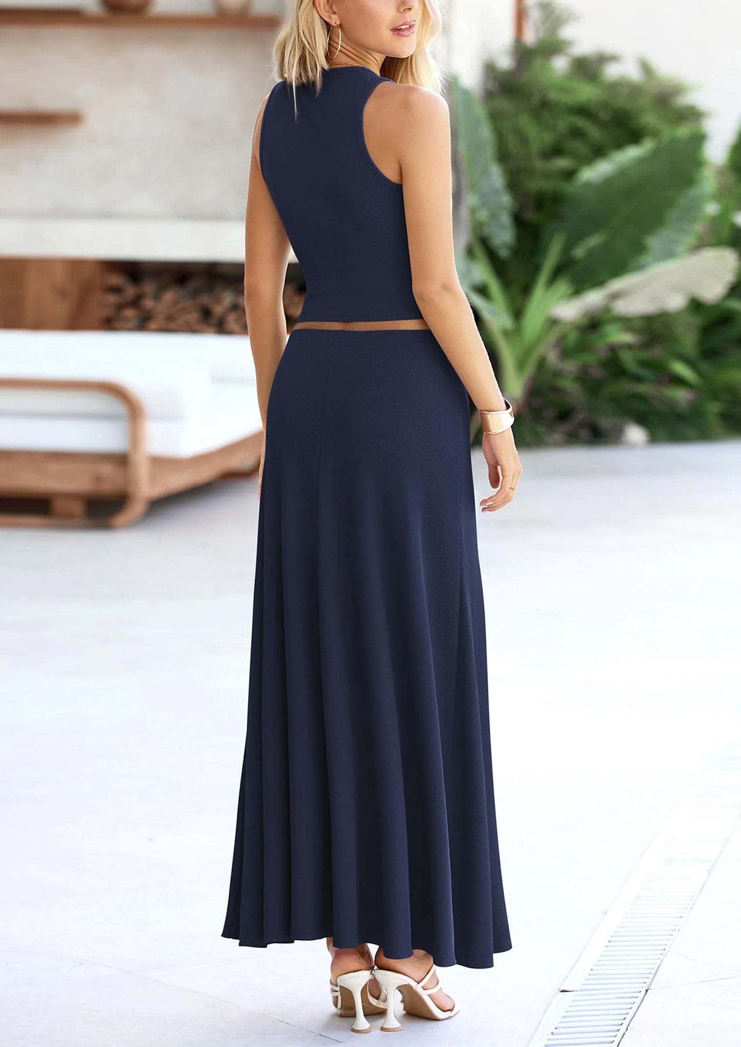 2 Piece Maxi Skirt Sets Casual Knit Cropped Tank Top High Waisted Long Skirts Outfit