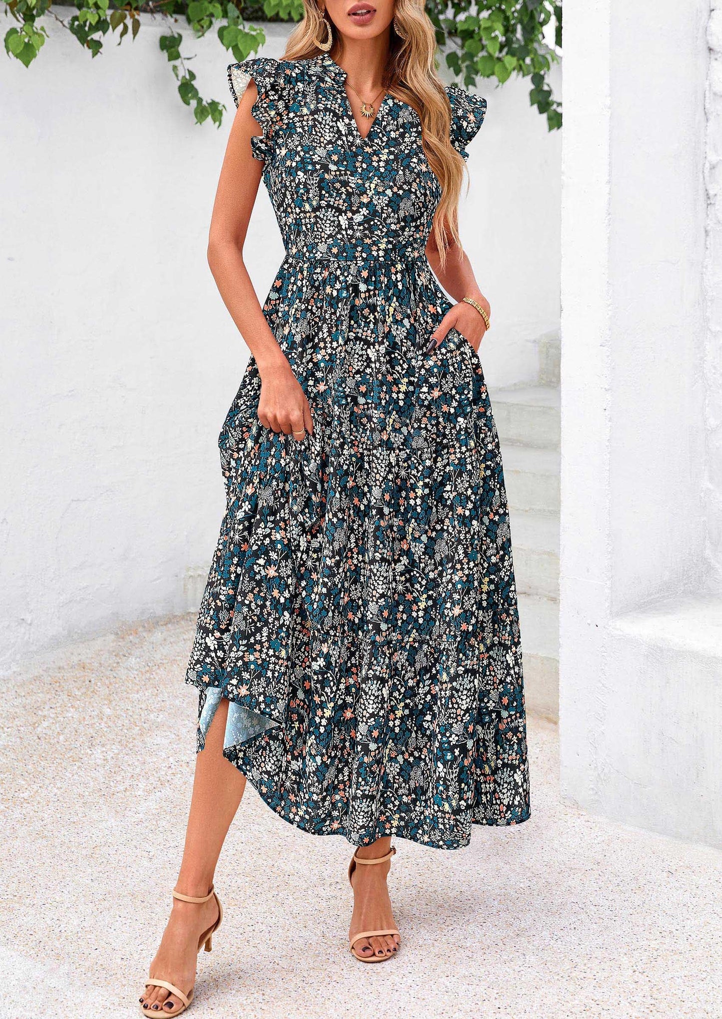 Women's Summer Floral Midi Dress Cap Sleeve V Neck Ruffle Long Flowy Boho Casual Beach Vacation Dresses