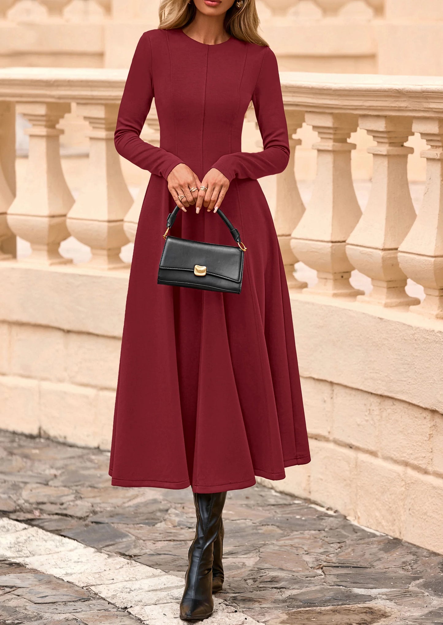 Women's Fall Long Sleeve Midi Dress Casual Elegant Ruffle Flowy A Line Swing Cocktail Party Dresses