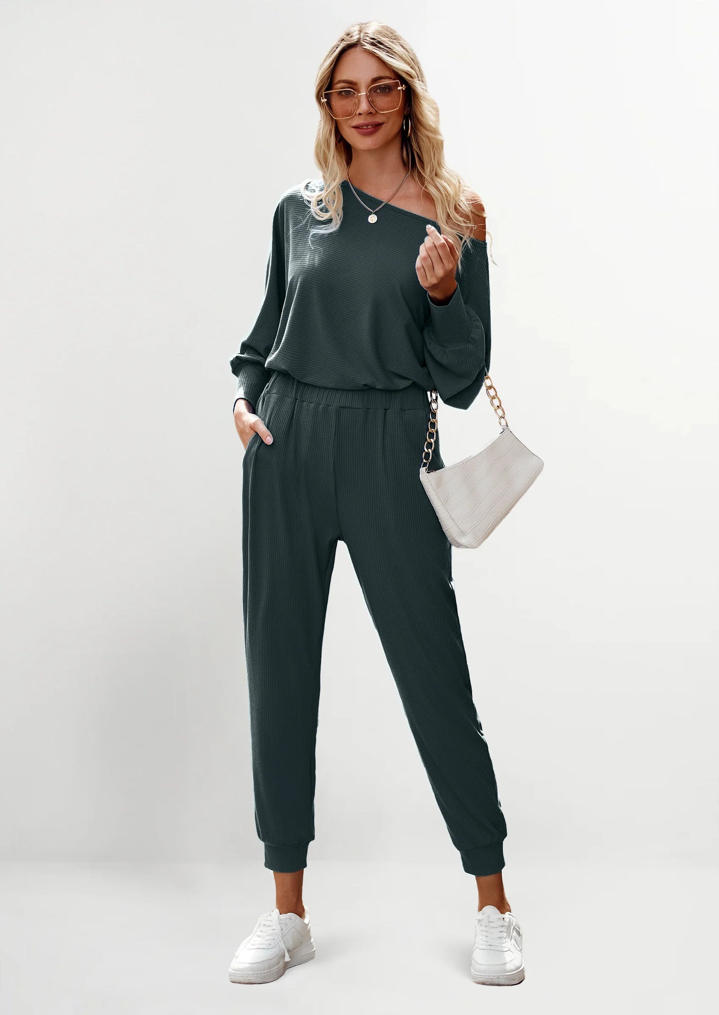 Women's 2 Piece Ribbed Tracksuit Outfits Off Shoulder Long Sleeve Pullover Lounge Pants with Pockets