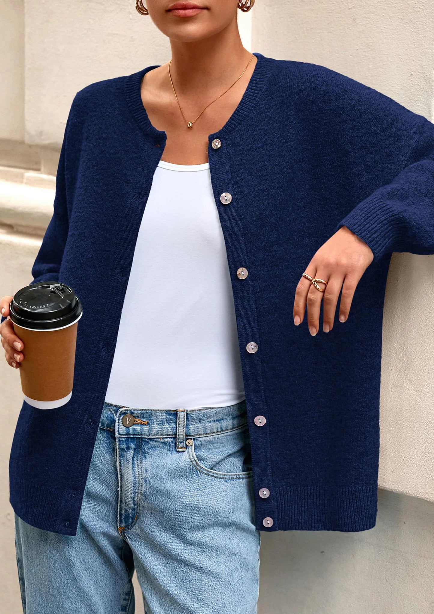 Fall Long Sleeve Cardigans for Women Trendy Open Front Winter Button Down Crewneck Soft Knit Sweater Jacket