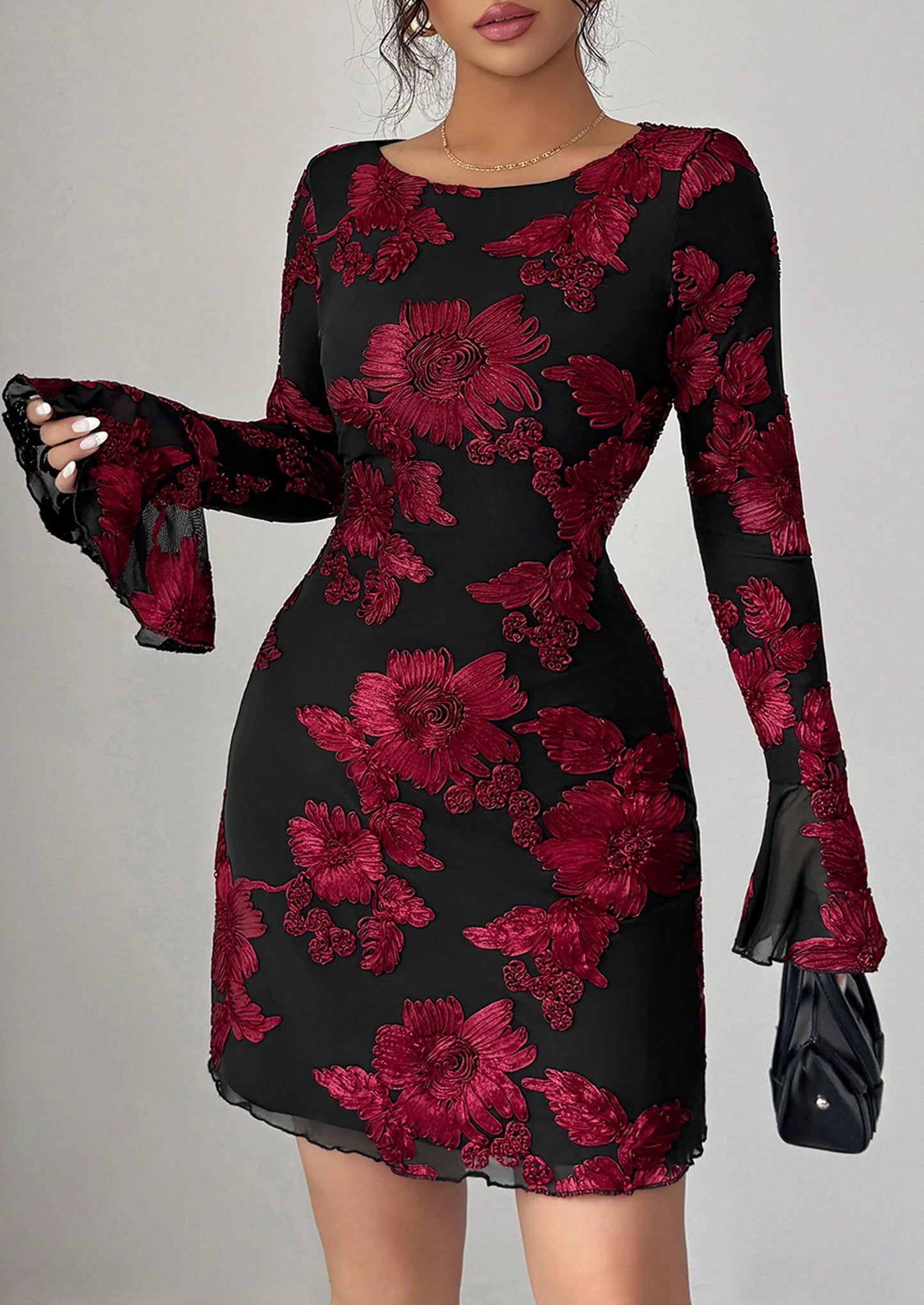 Women's Floral Embroidered Dress Fall Long Bell Sleeve Ribbon Flower Mini Short Mesh Bodycon Party Dresses