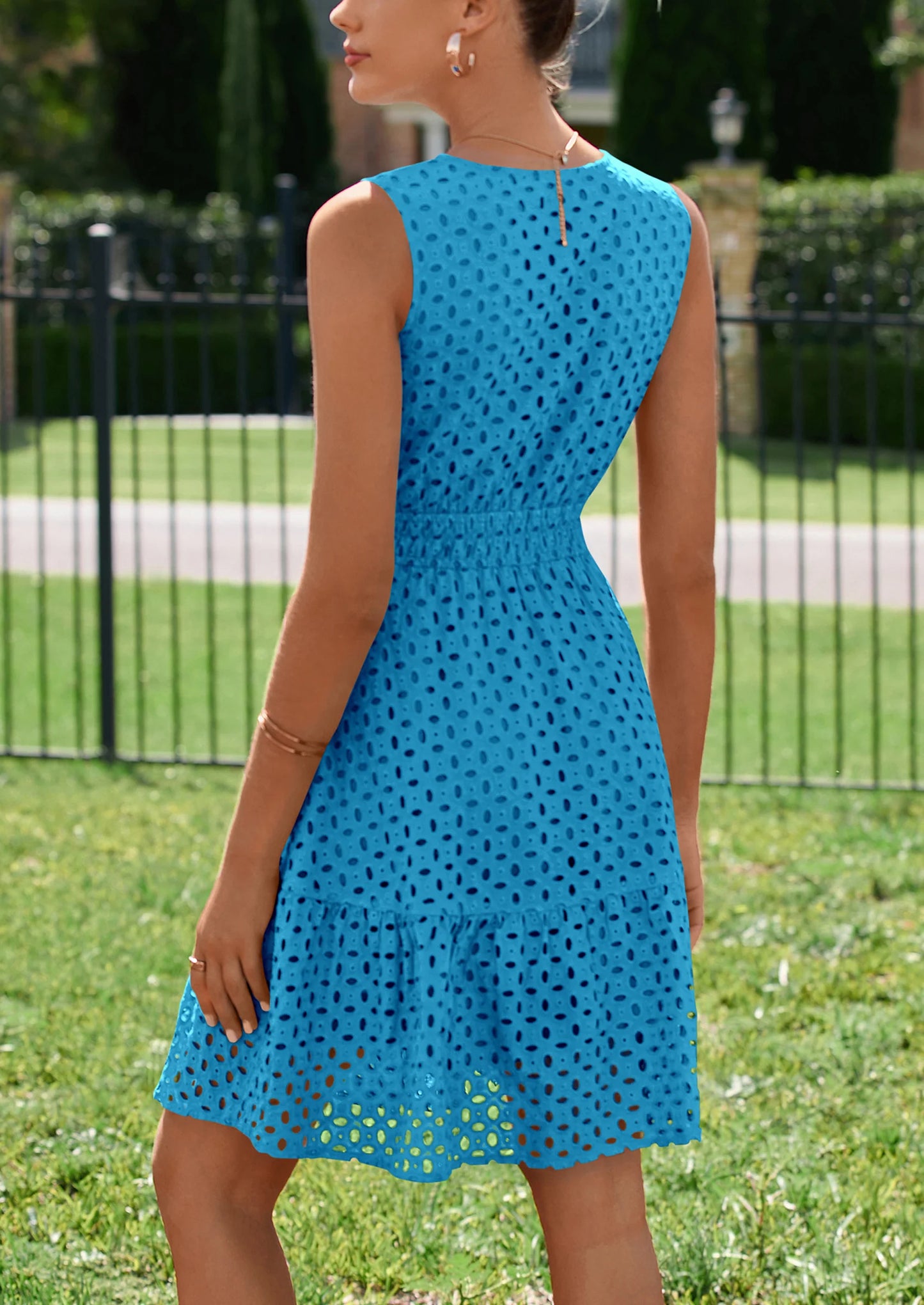 Women's Summer Dresses Sleeveless V Neck Eyelet Hollow Out Swing A Line Beach Vacation Sun Dress