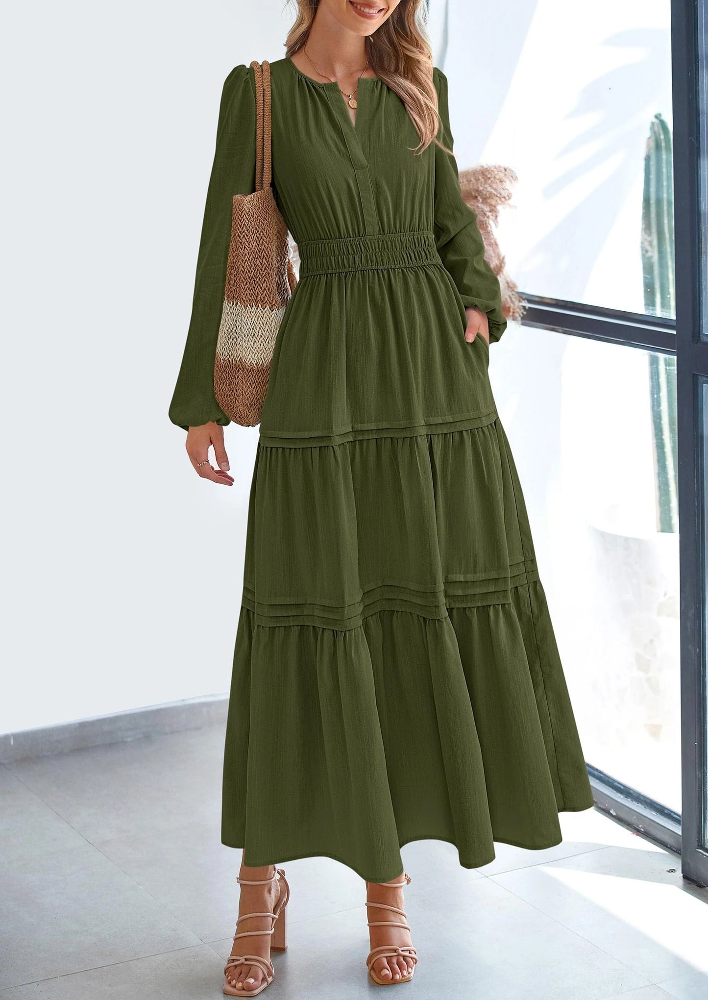 Women's Elegant Maxi Dresses Long Sleeve V Neck Flowy Pockets Casual Modest Dress Fall Fashion Clothes