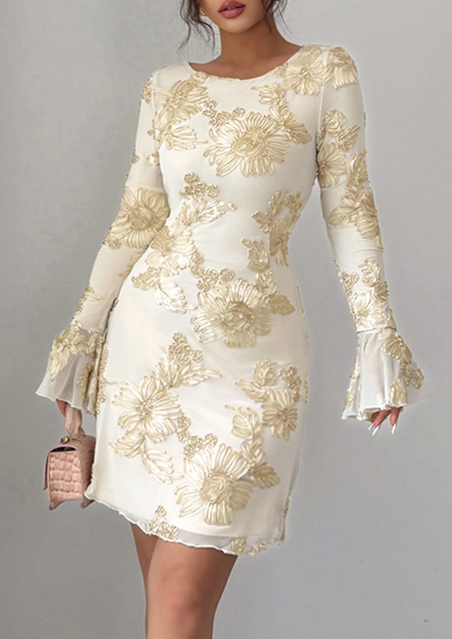 Women's Floral Embroidered Dress Fall Long Bell Sleeve Ribbon Flower Mini Short Mesh Bodycon Party Dresses