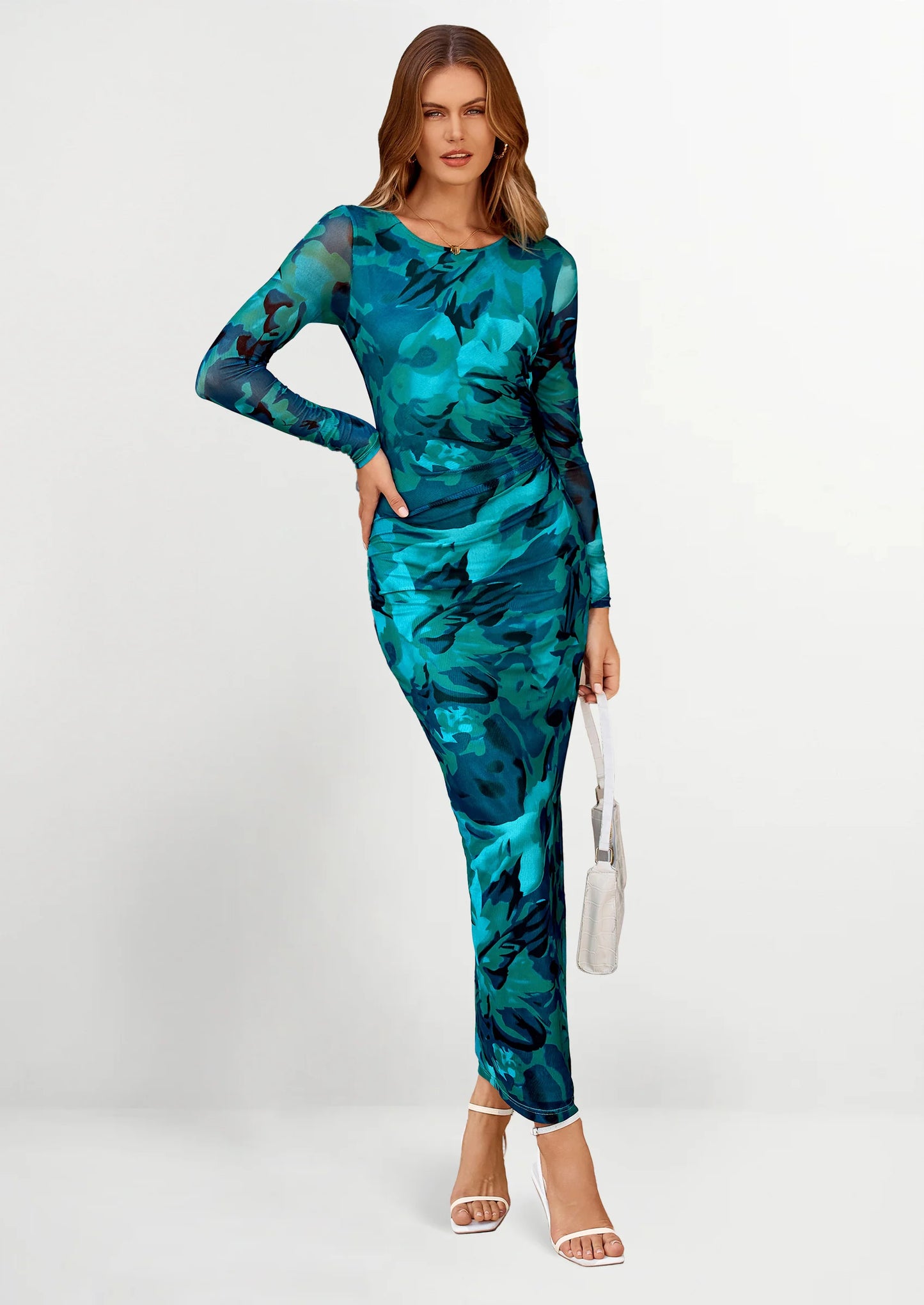 Women's Bodycon Maxi Dress Fall Spring Fashion Long Sleeve Floral Print Tight Fitted Party Club Ruched Dresses