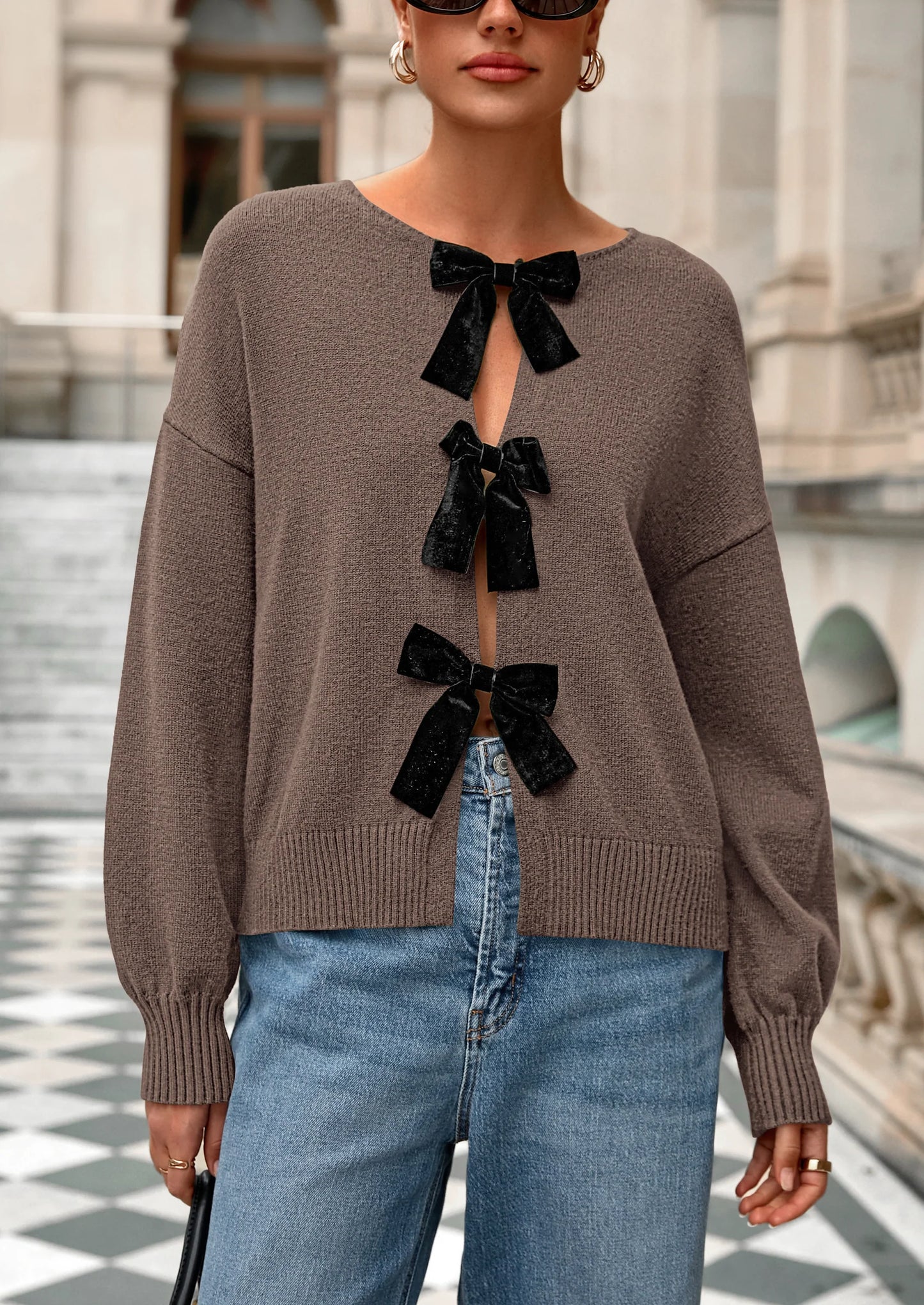Cardigan Sweaters for Women Fall Bow Tie Front Long Sleeve Knit Sweater Tops Cute Going Out Outfits
