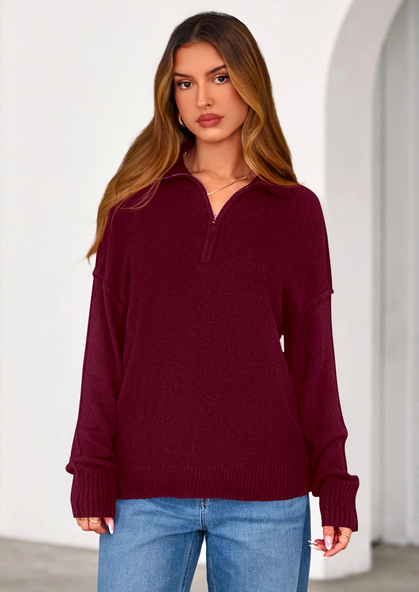 Womens Sweaters Quarter Zip Pullover Early Fall Fashion Long Sleeve V Neck Collared Knit Winter Jumper Tops